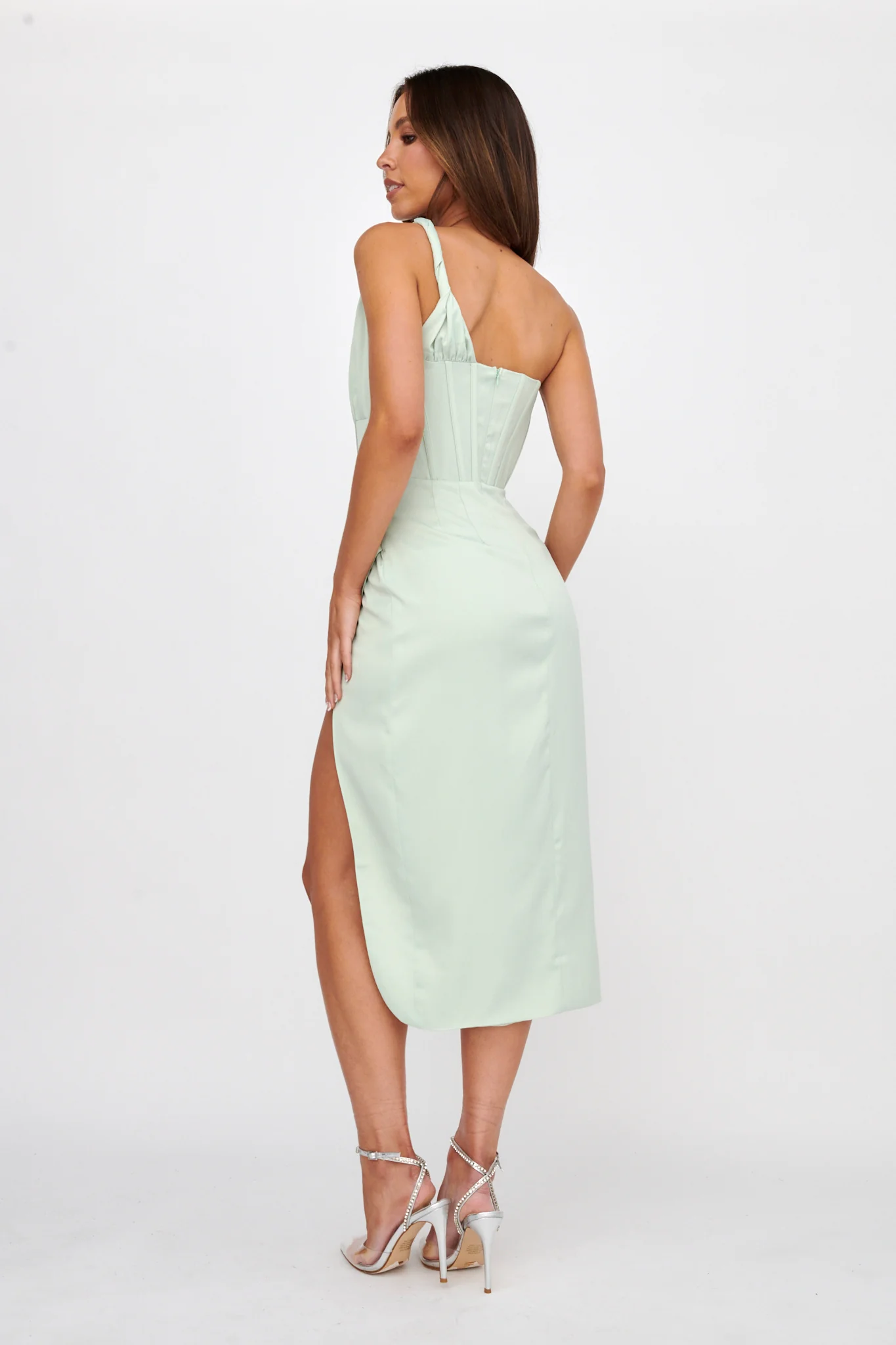 Ryhana One-Shoulder Split Midi Dress Mint - Seraphlike