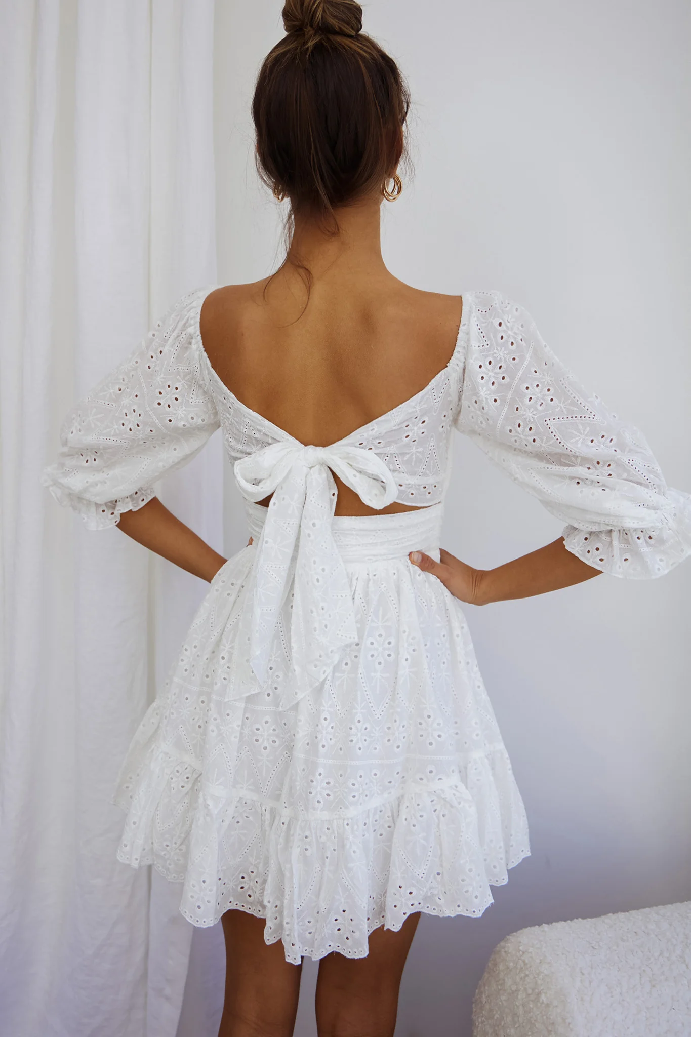 Abby Off-Shoulder Tie-Up Back Dress Eyelet Embroidery Dress White - Seraphlike