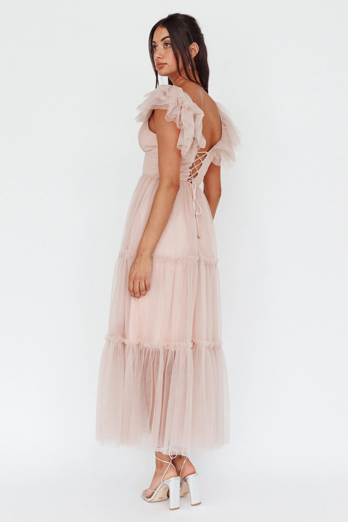 Amal Ruffle Shoulder Tulle Midi Dress Nude - Seraphlike