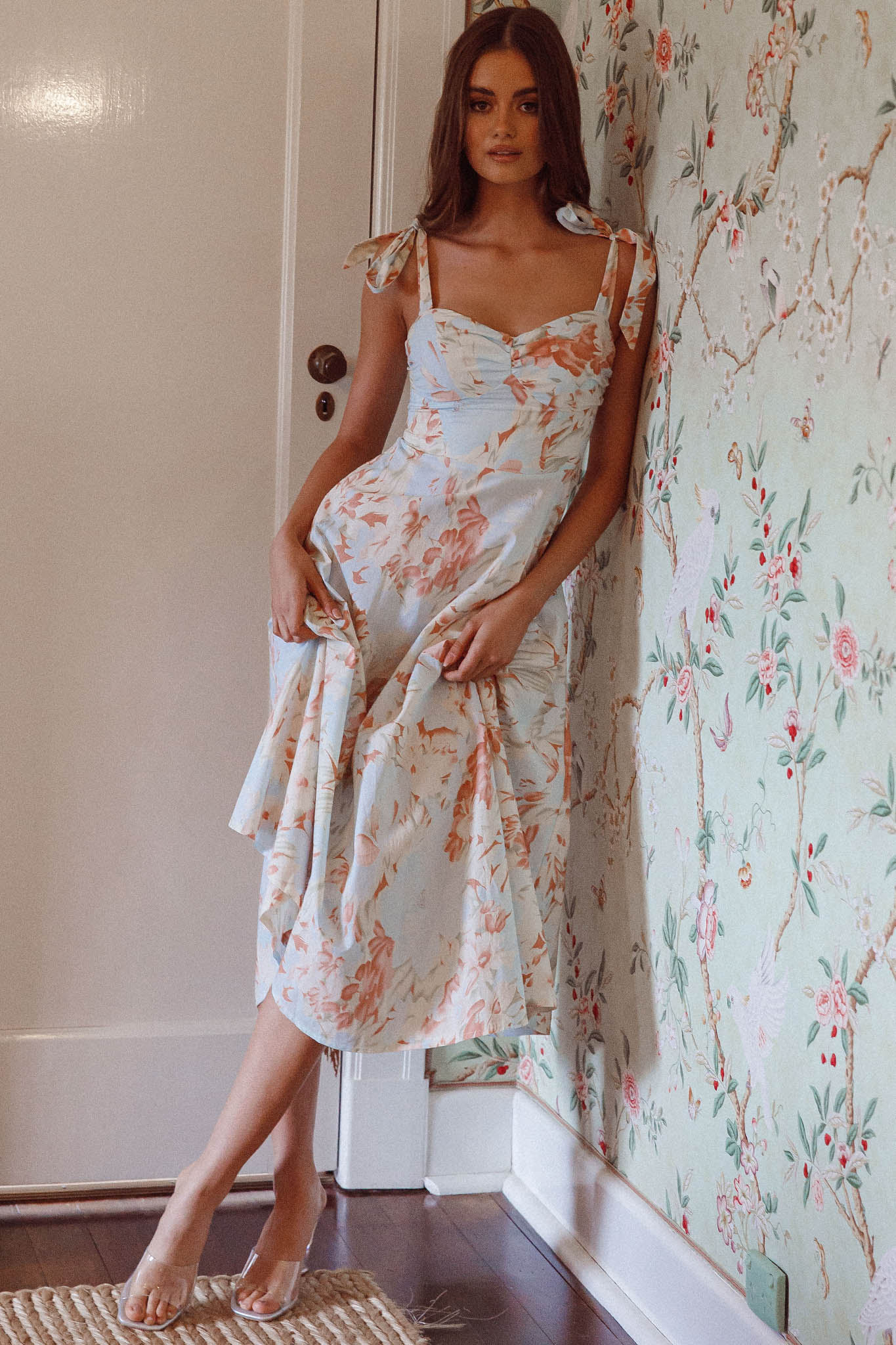 Sweet Pea Tied Shoulder Midi Dress Floral Blue - Seraphlike