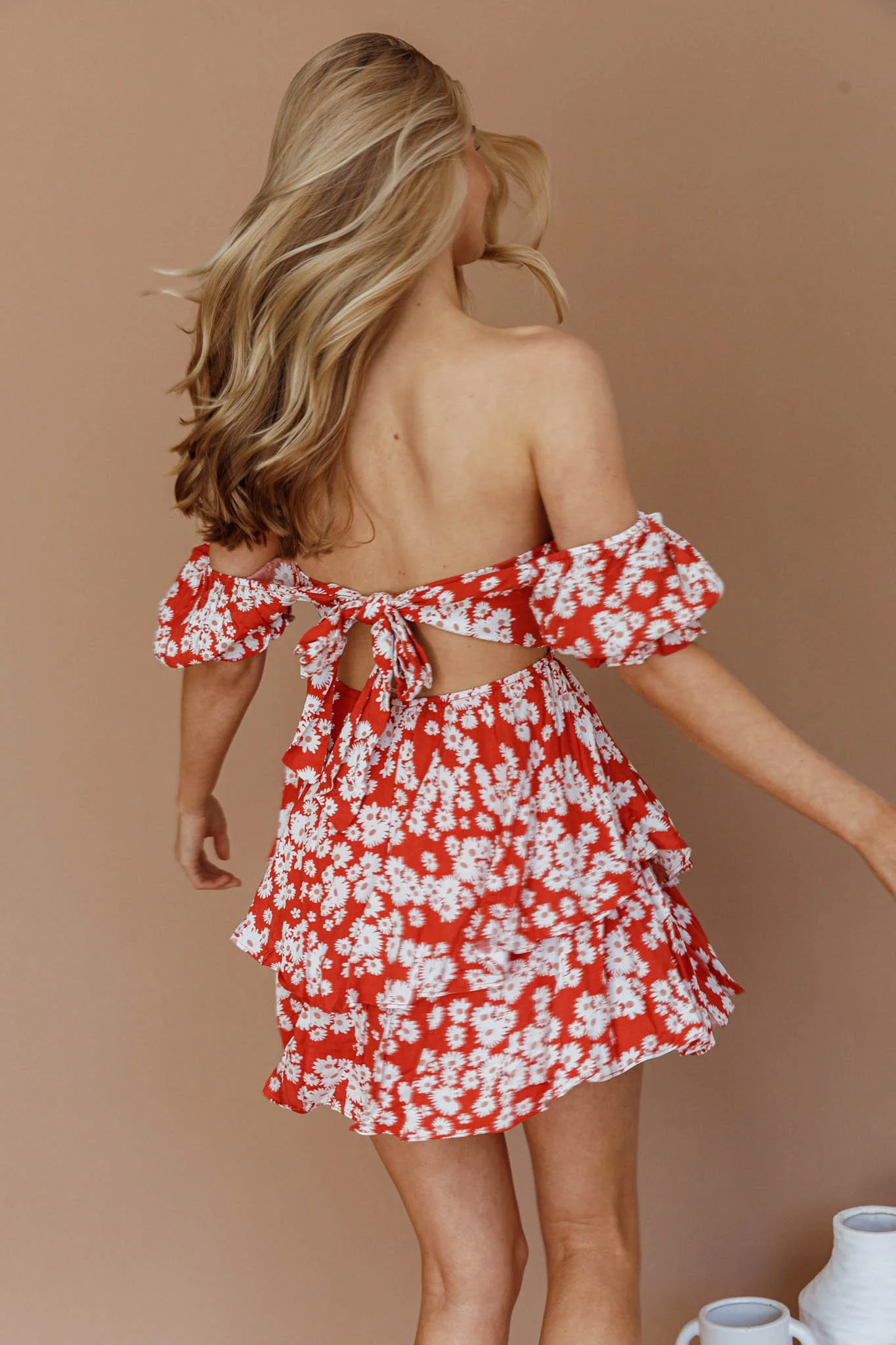 Buongiorno Bella Shirred Lace Up Mini Dress Floral Red - Seraphlike