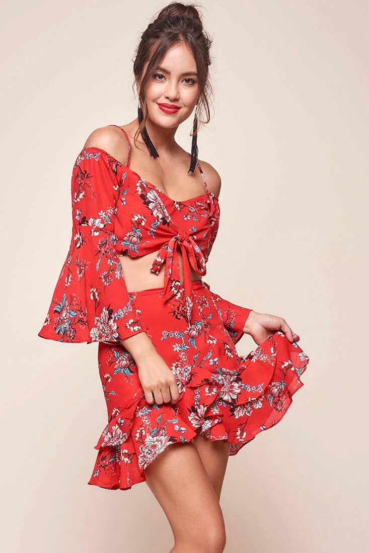 Bellisario Floral Ruffle Caribbean Skirt Red - Seraphlike