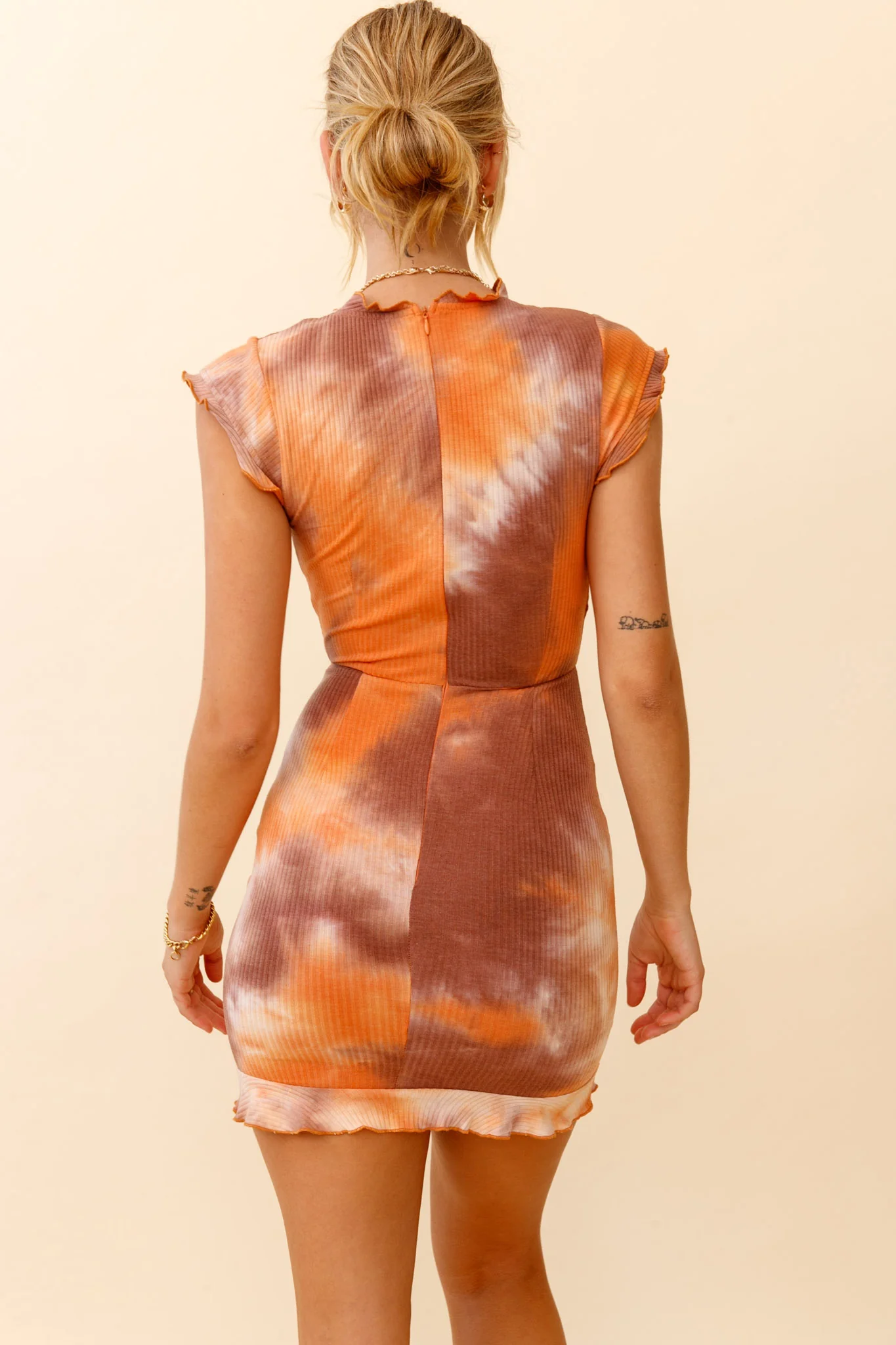 Wake Up Call Ruched Accent Ruffle Dress Marble Print Orange - Seraphlike