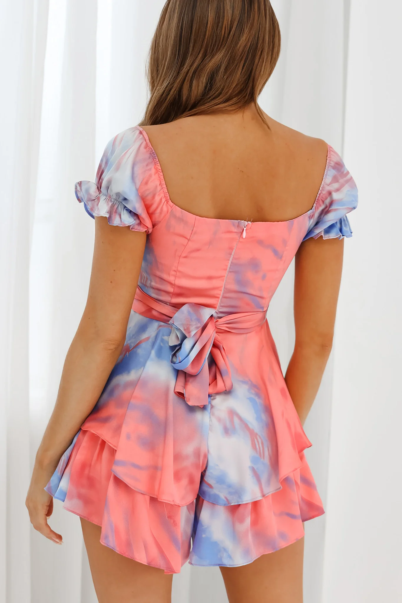 Linka Off-Shoulder Tie Back Romper Tie-Dye Pink/Blue - Seraphlike