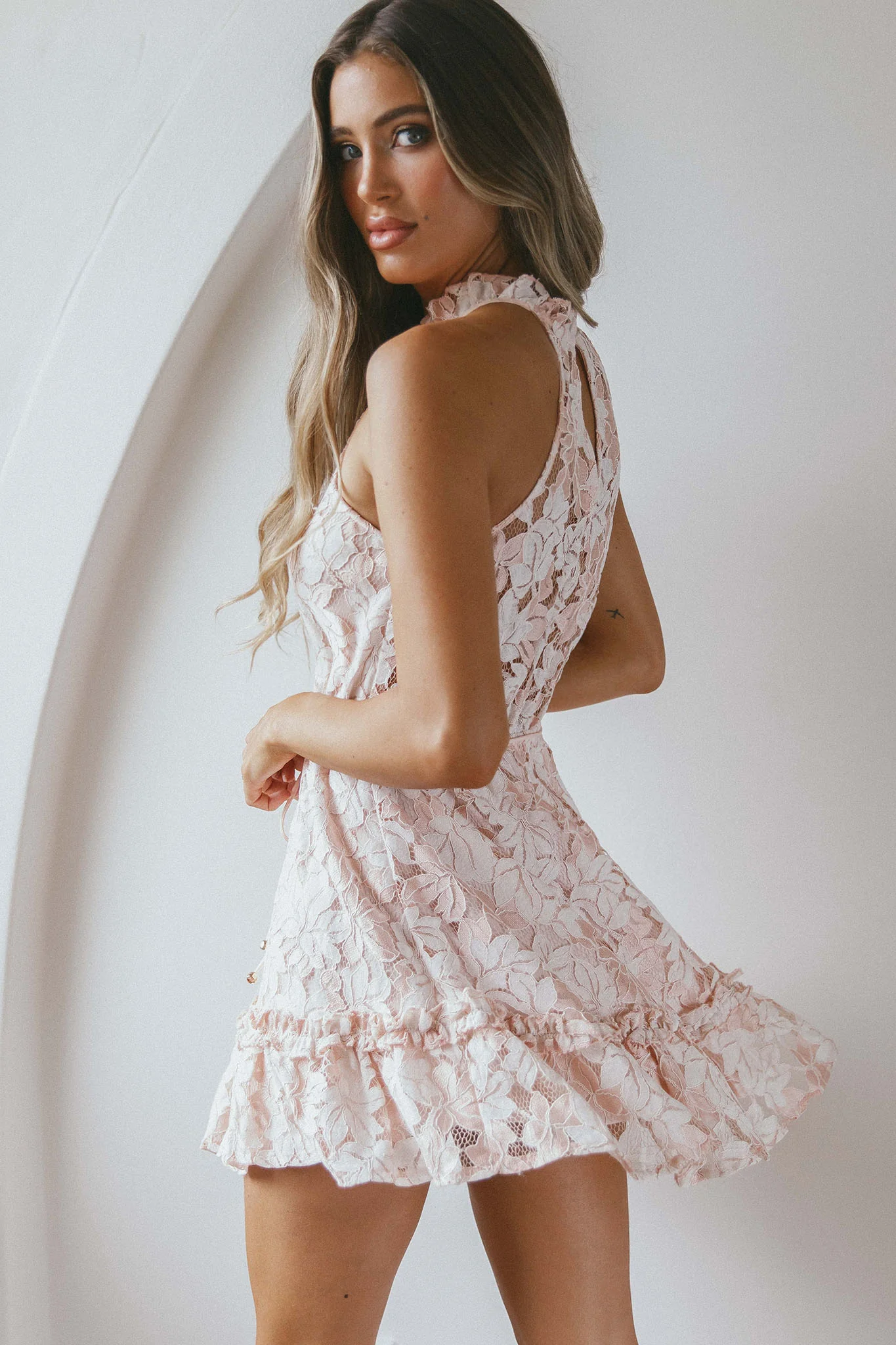 Ever After Halterneck Elasticated Waist Lace Mini Dress Apricot - Seraphlike