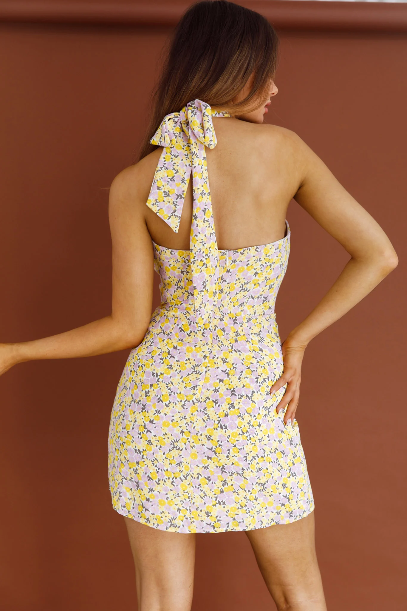 Ride Or Die Halterneck Mini Dress Floral Yellow - Seraphlike