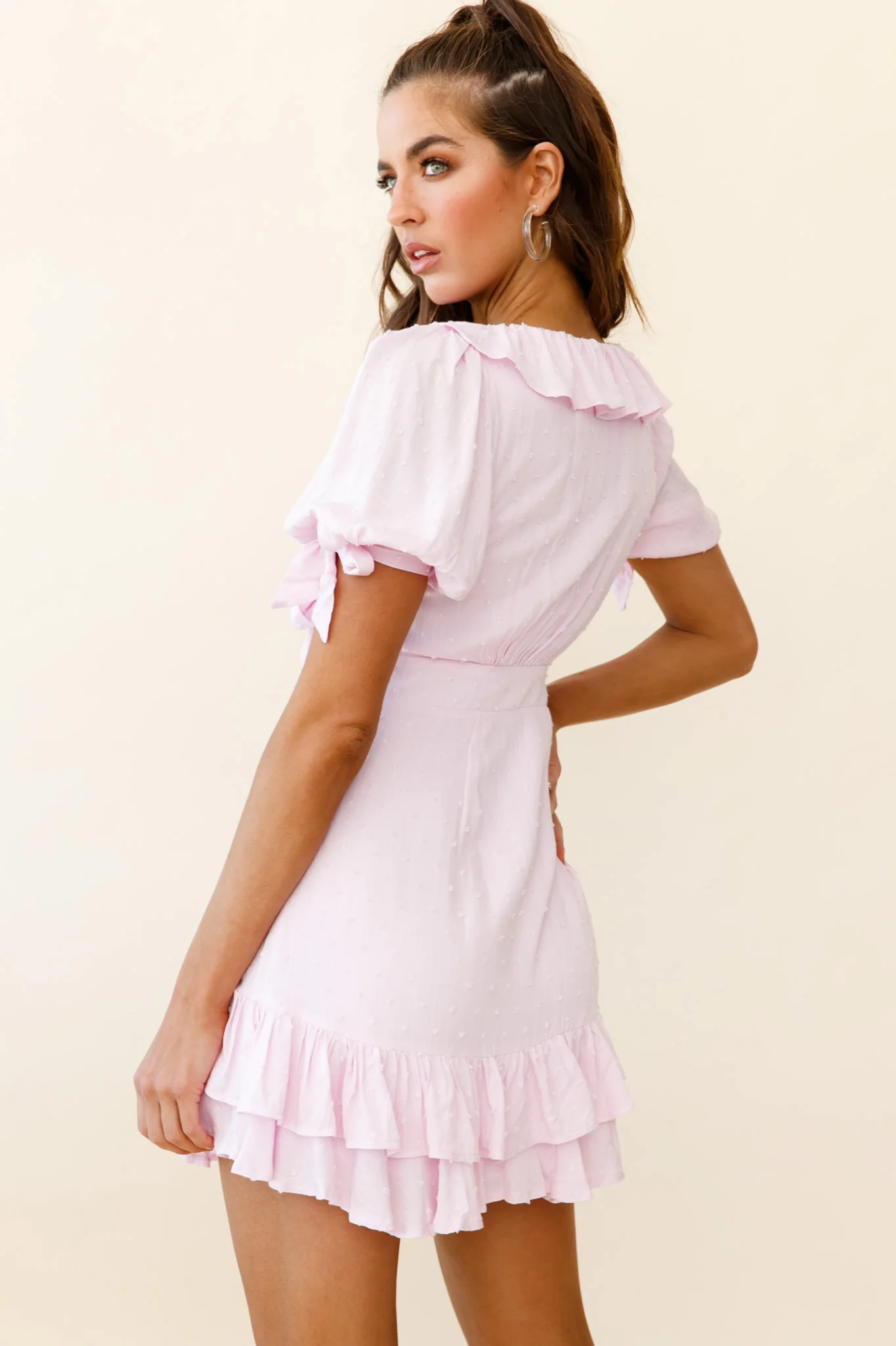 Emery Tied Bust Puff Sleeve Ruffle Dress Baby Pink - Seraphlike
