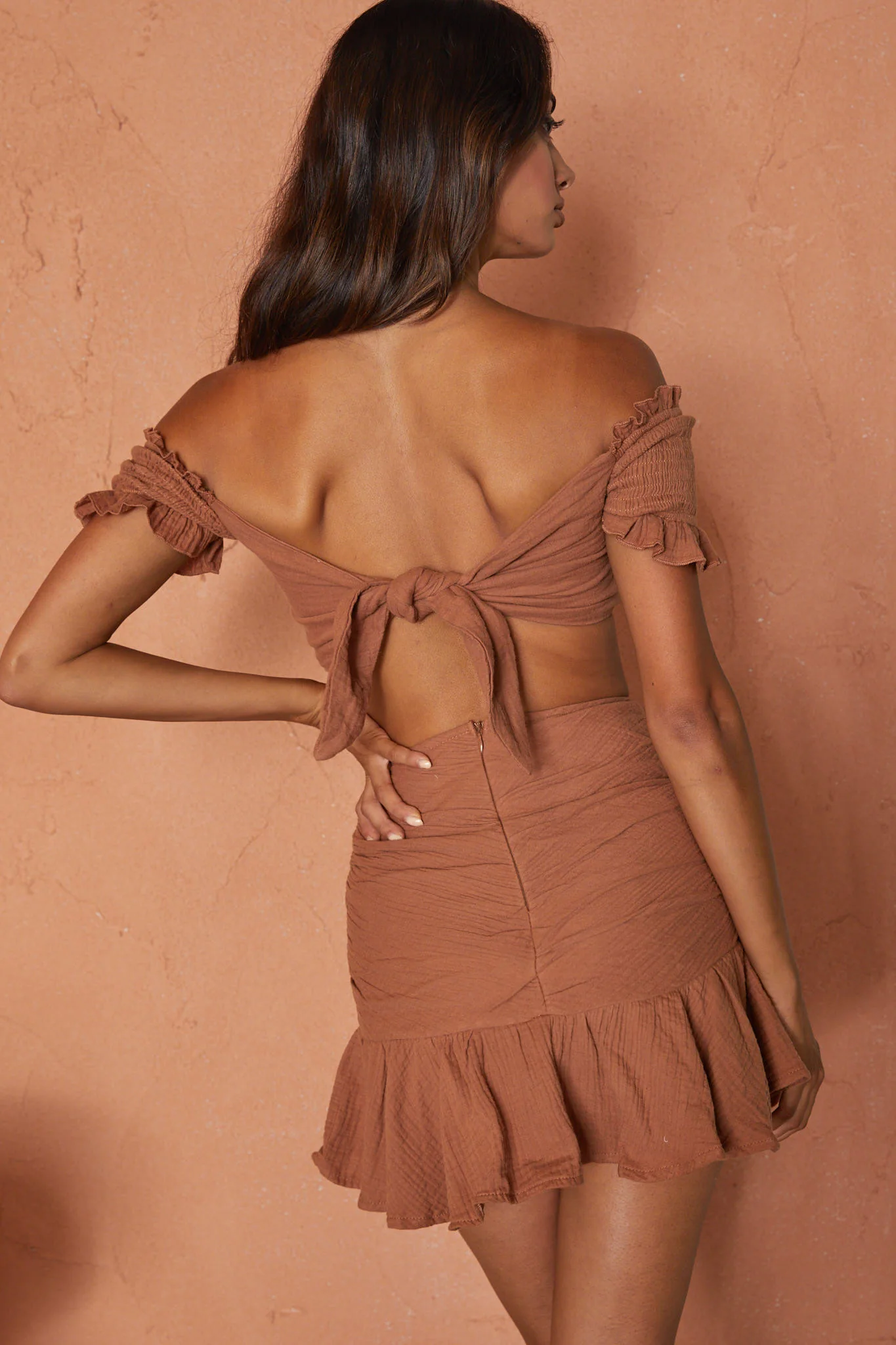 Rise And Shine Shirred Bodice Tied Back Crop Top Latte - Seraphlike