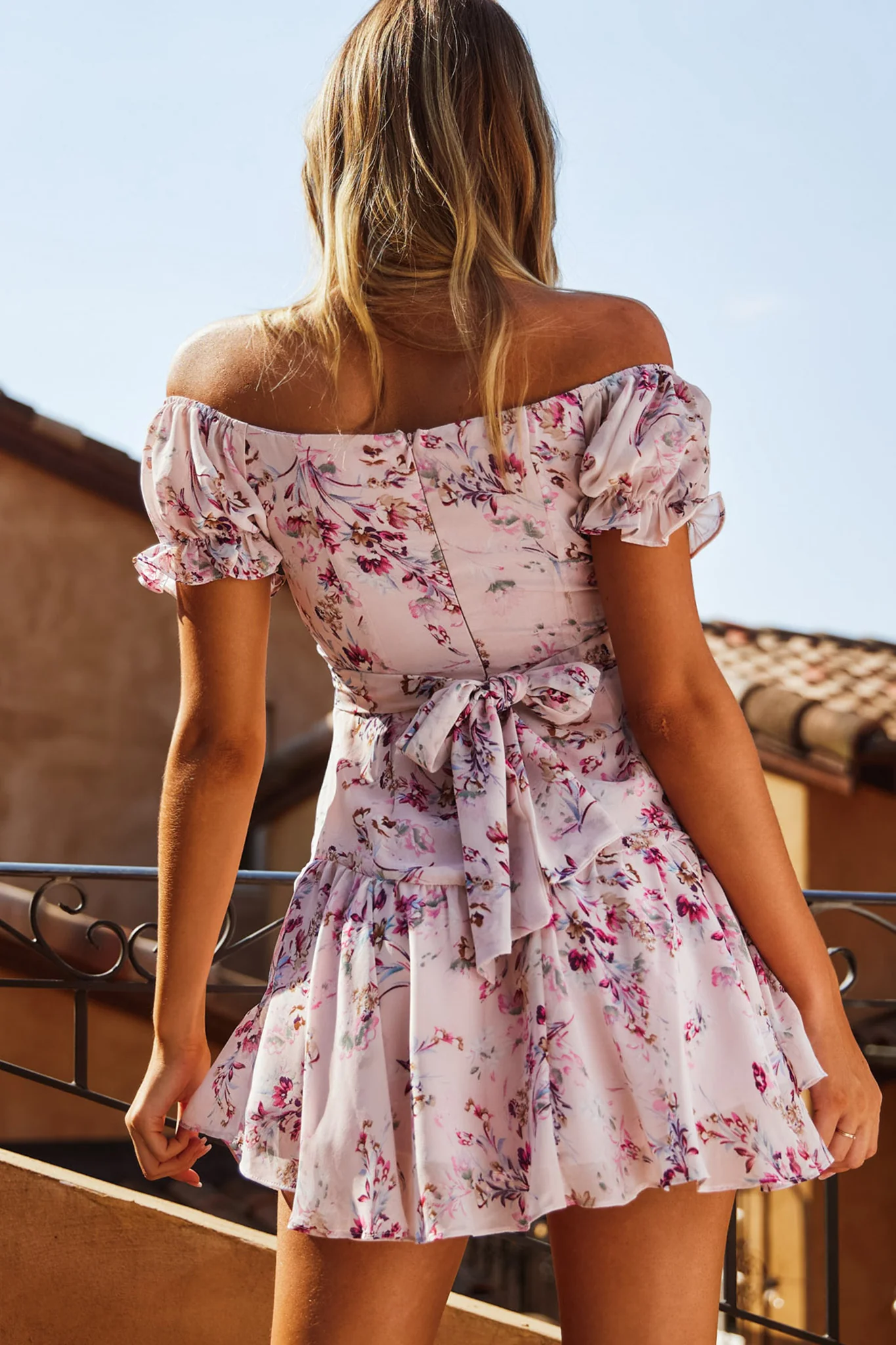 Linka Off-Shoulder Tie Back Fluted Hem Dress Ornate Floral Print Pink - Seraphlike