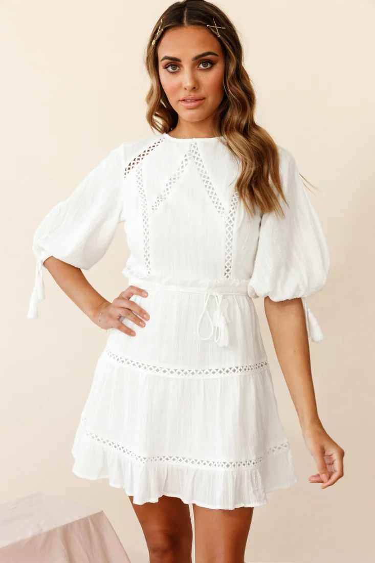 Antonia Half Puff Sleeve Crochet Detail Dress White - Seraphlike