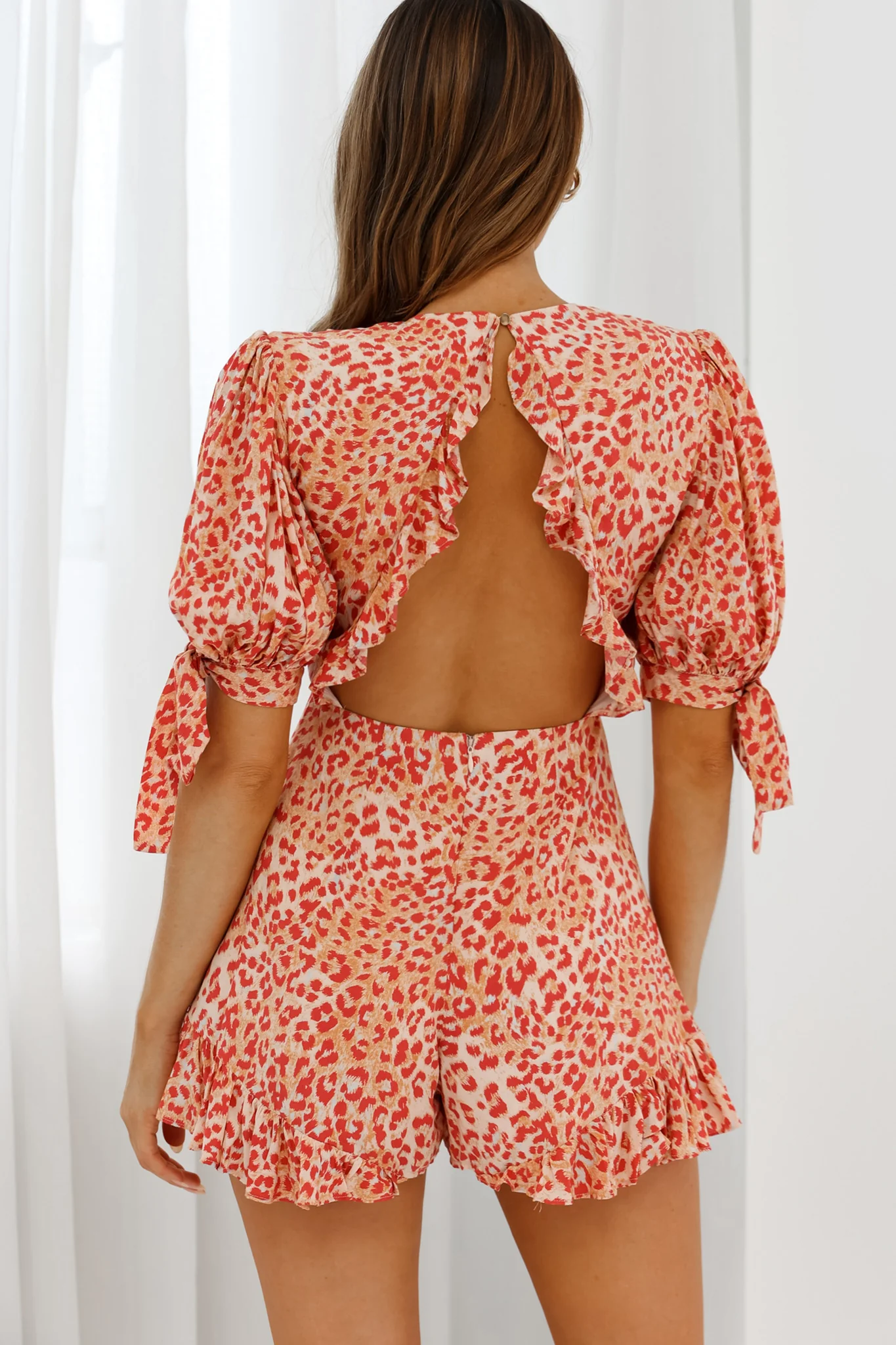 Francine Short Sleeve Tied Bust Romper Leopard Print Orange - Seraphlike