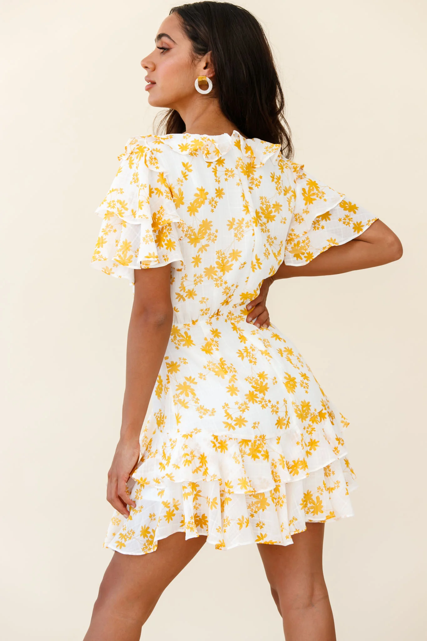 Aubrey Tied Bust Ruffle Trim Dress Floral Print Yellow - Seraphlike