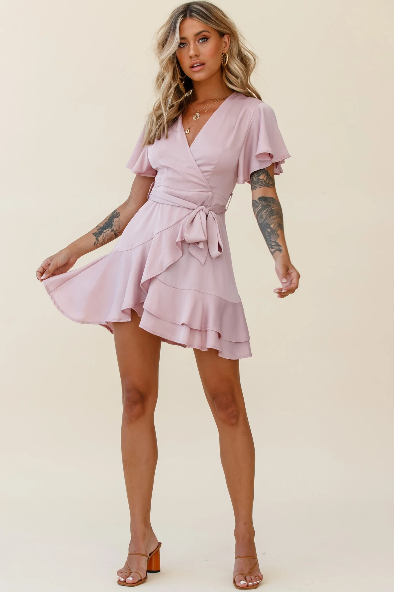 Cami Angel Sleeve Faux Wrap Dress Blush - Seraphlike