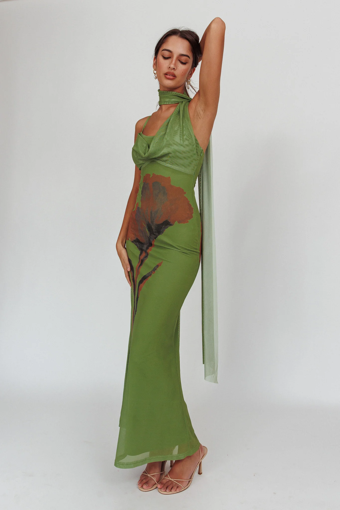 No Surprises Scarfed Floral Maxi Dress Green - Seraphlike