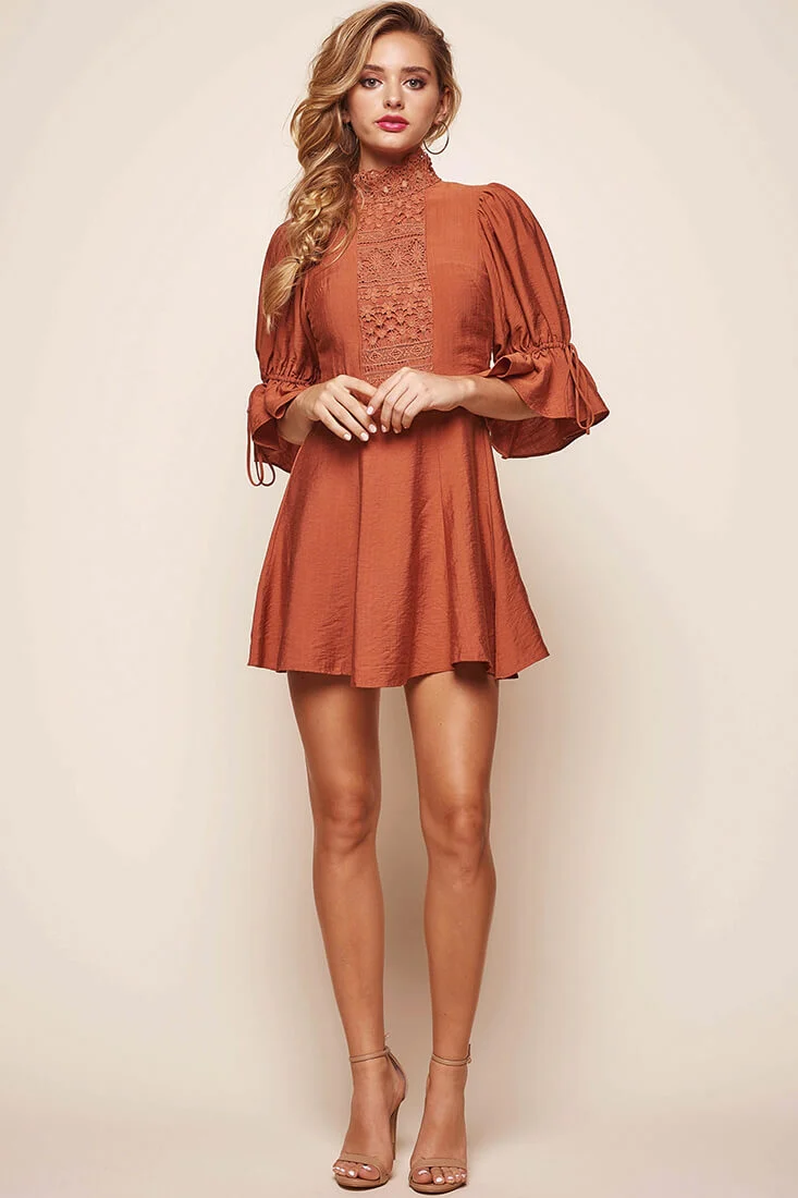 Martha High Neck Babydoll Dress Rust - Seraphlike