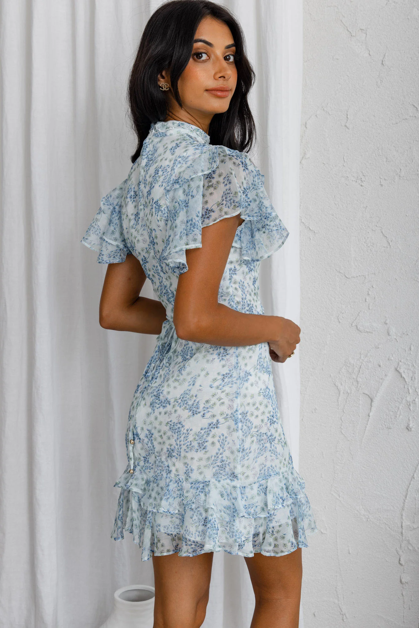 Lark High Neck Ruffle Sleeve Dress Clover Print Blue - Seraphlike