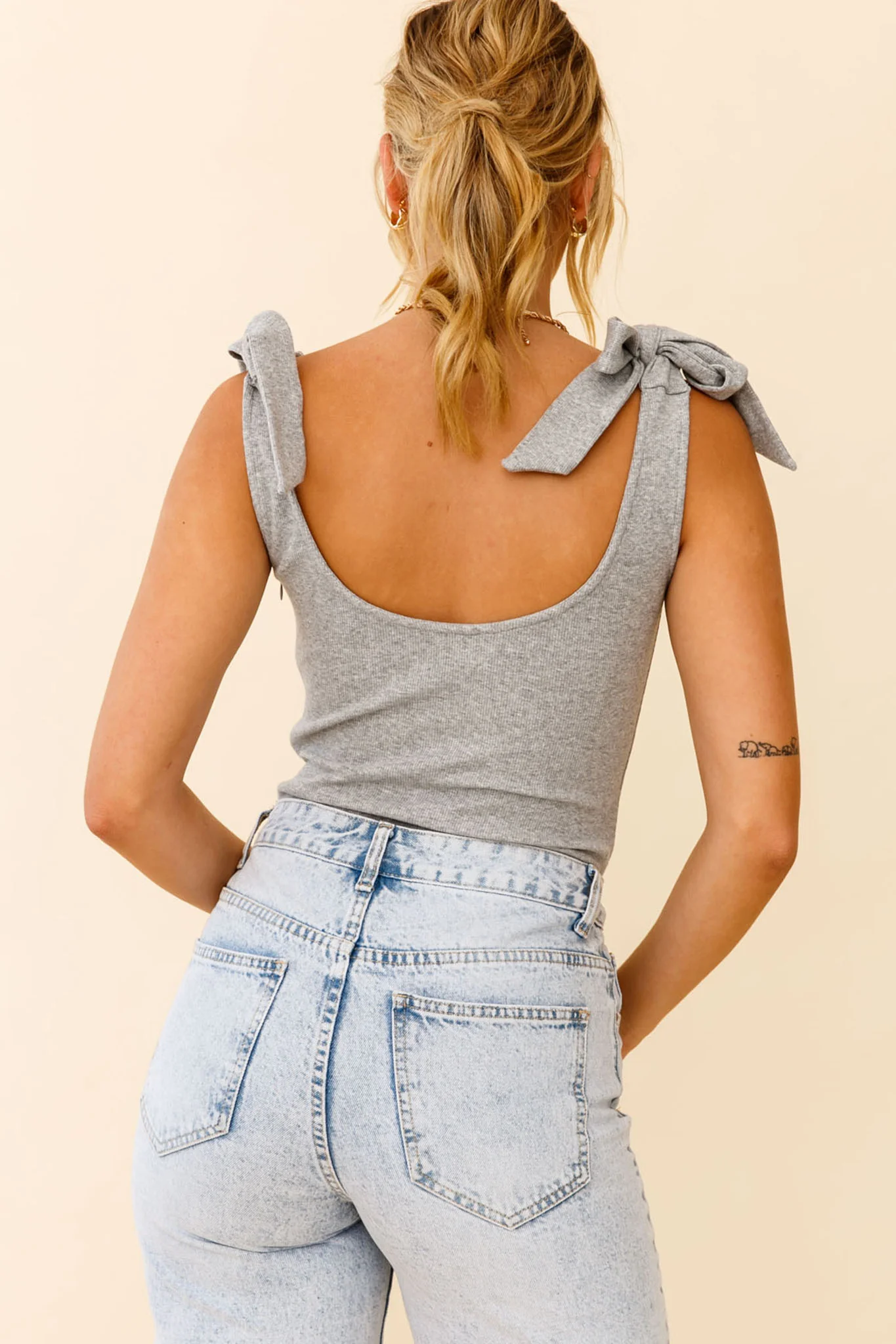 Can't Stop Me Bow Shoulder Bodysuit Grey Marle - Seraphlike