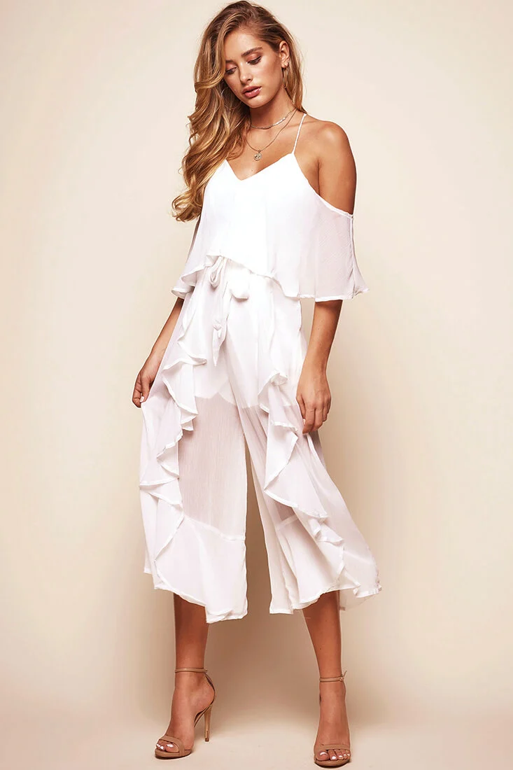 Constance Midi Ruffle Jumpsuit White - Seraphlike