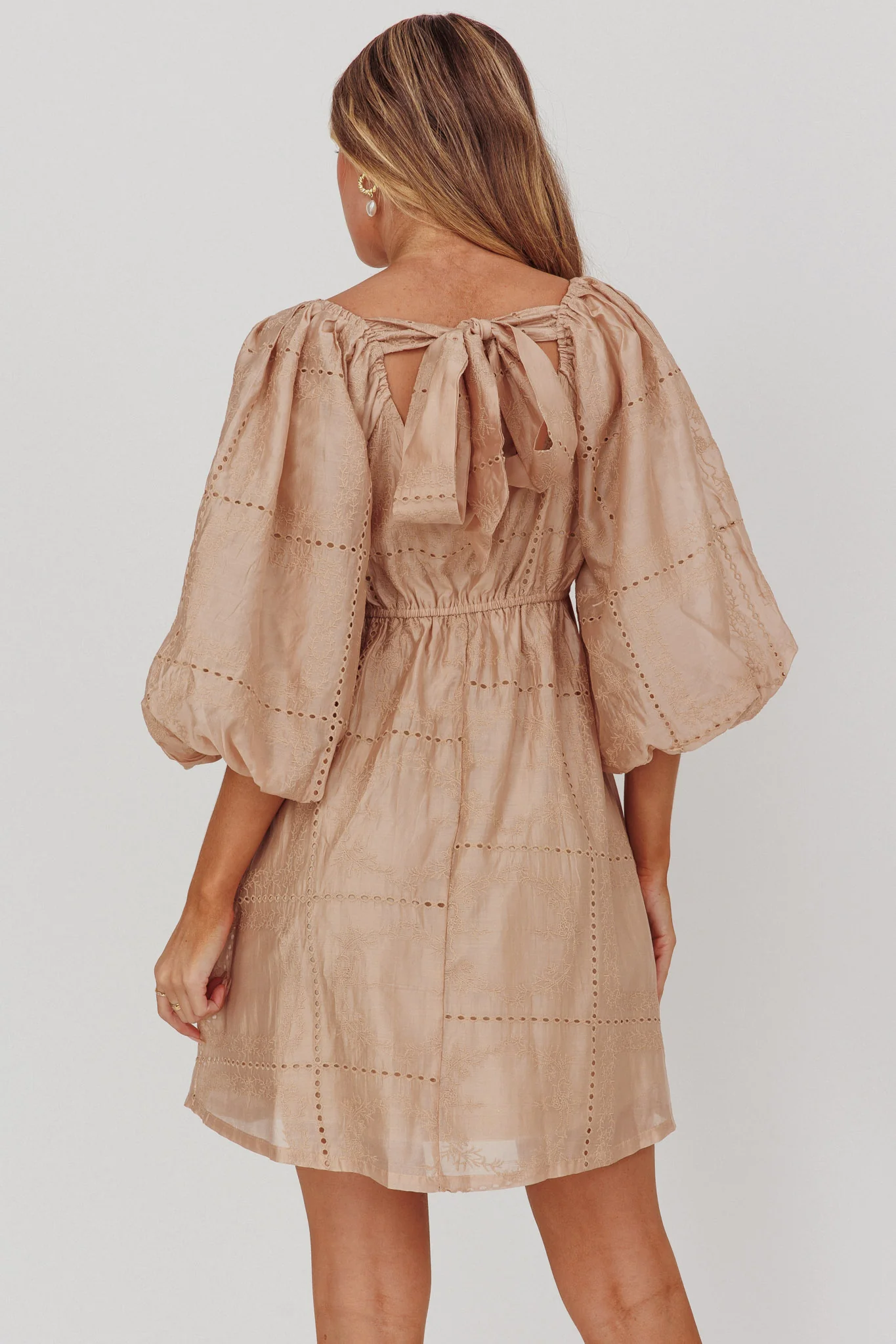 Summerlin Puff Sleeve Eyelet Mini Dress Beige - Seraphlike