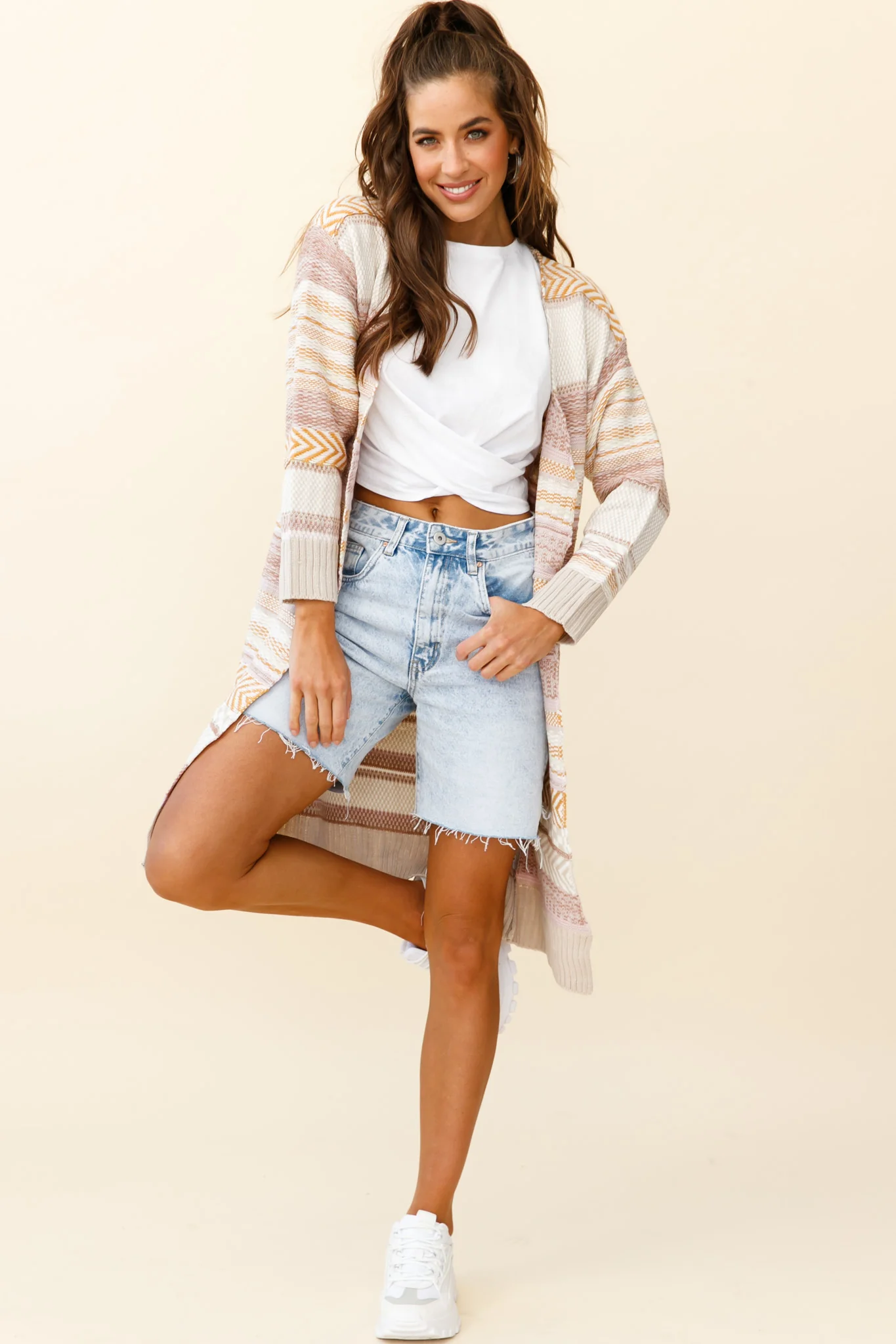 Sabine Long Line Textured Knit Cardigan Beige - Seraphlike