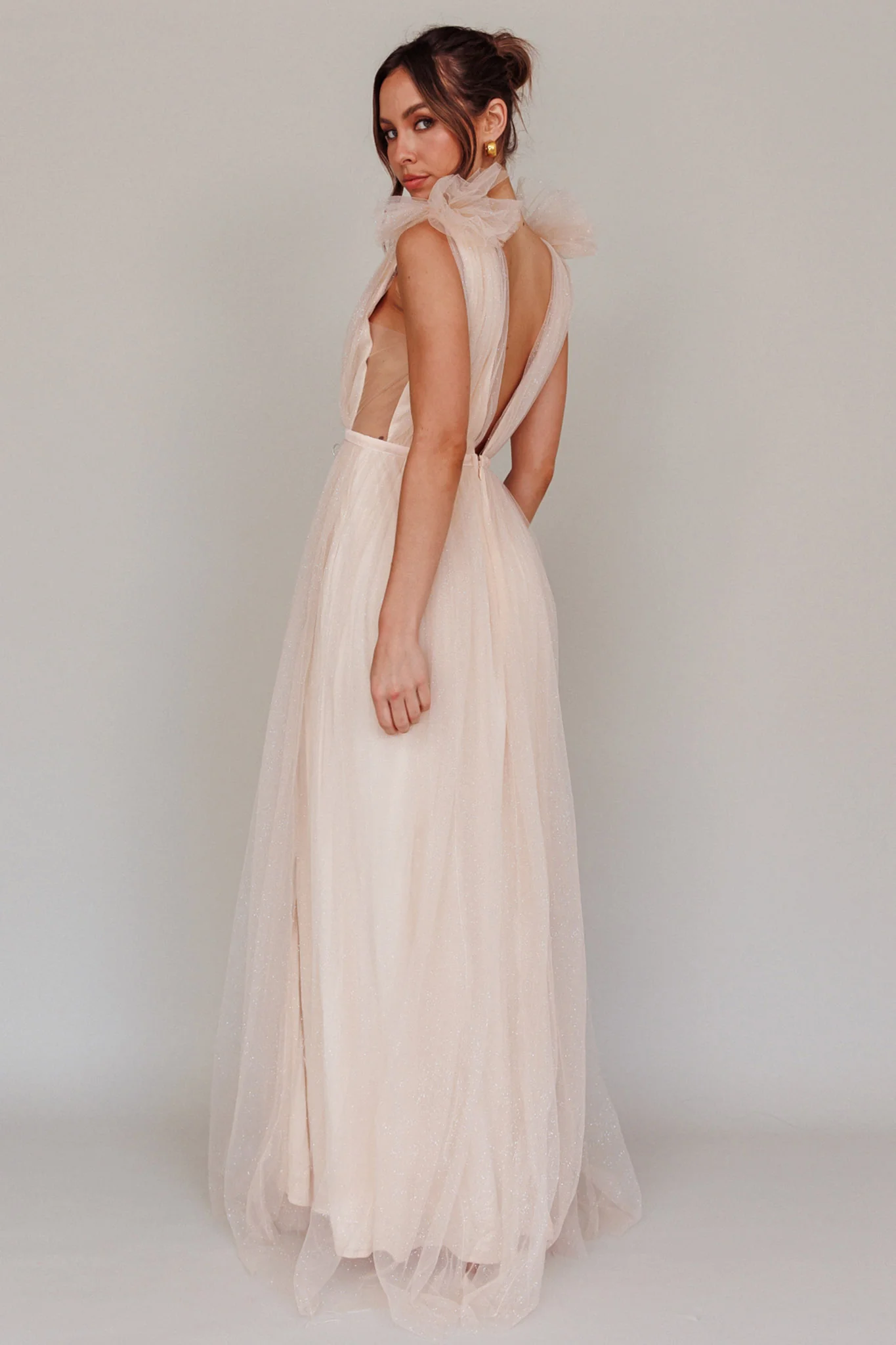 Ludivine Shoulder Accent Mesh Midi Dress Glitter Champagne - Seraphlike