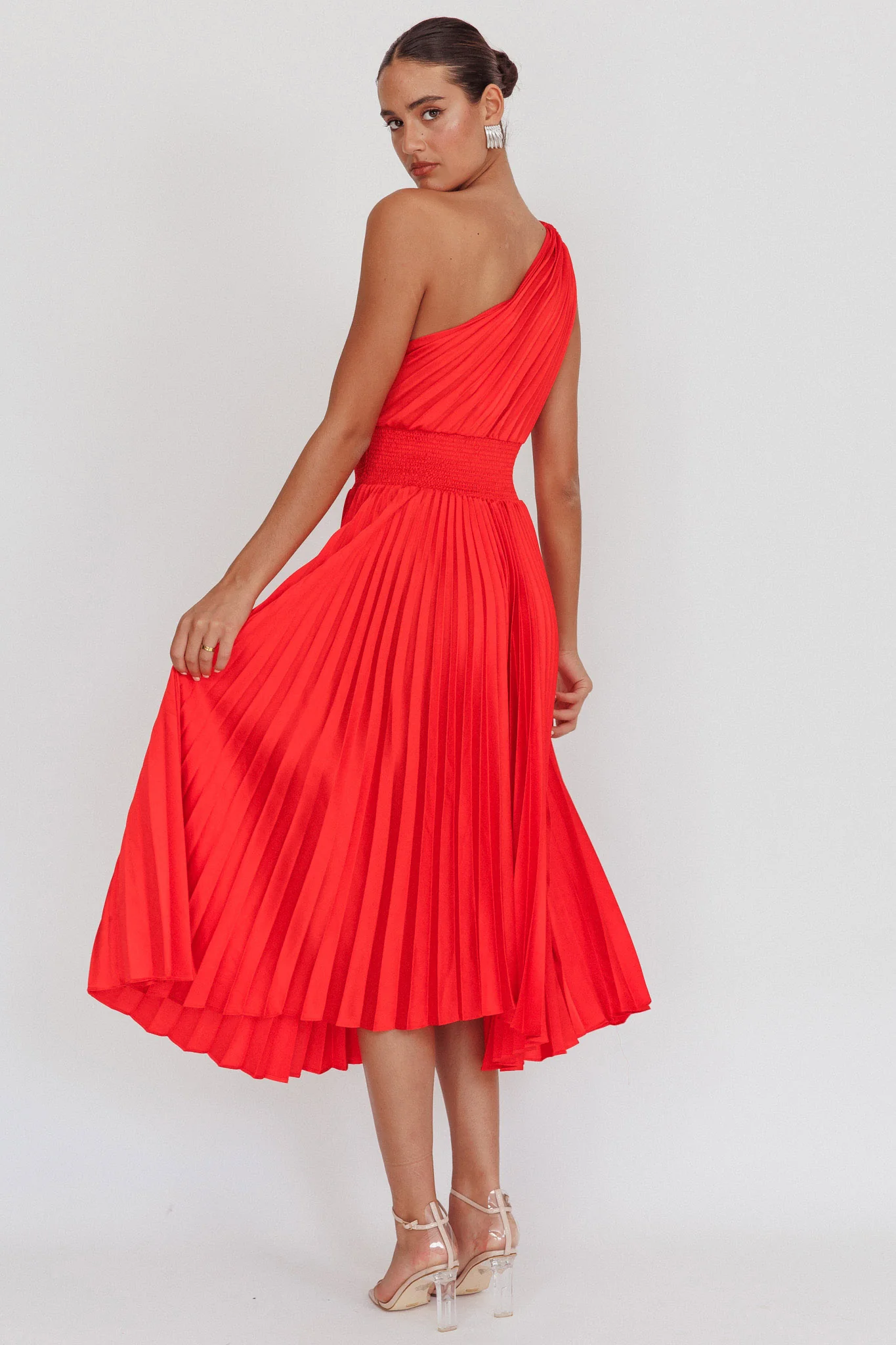 Calissa One Shoulder Pleated Midi Dress Red - Seraphlike