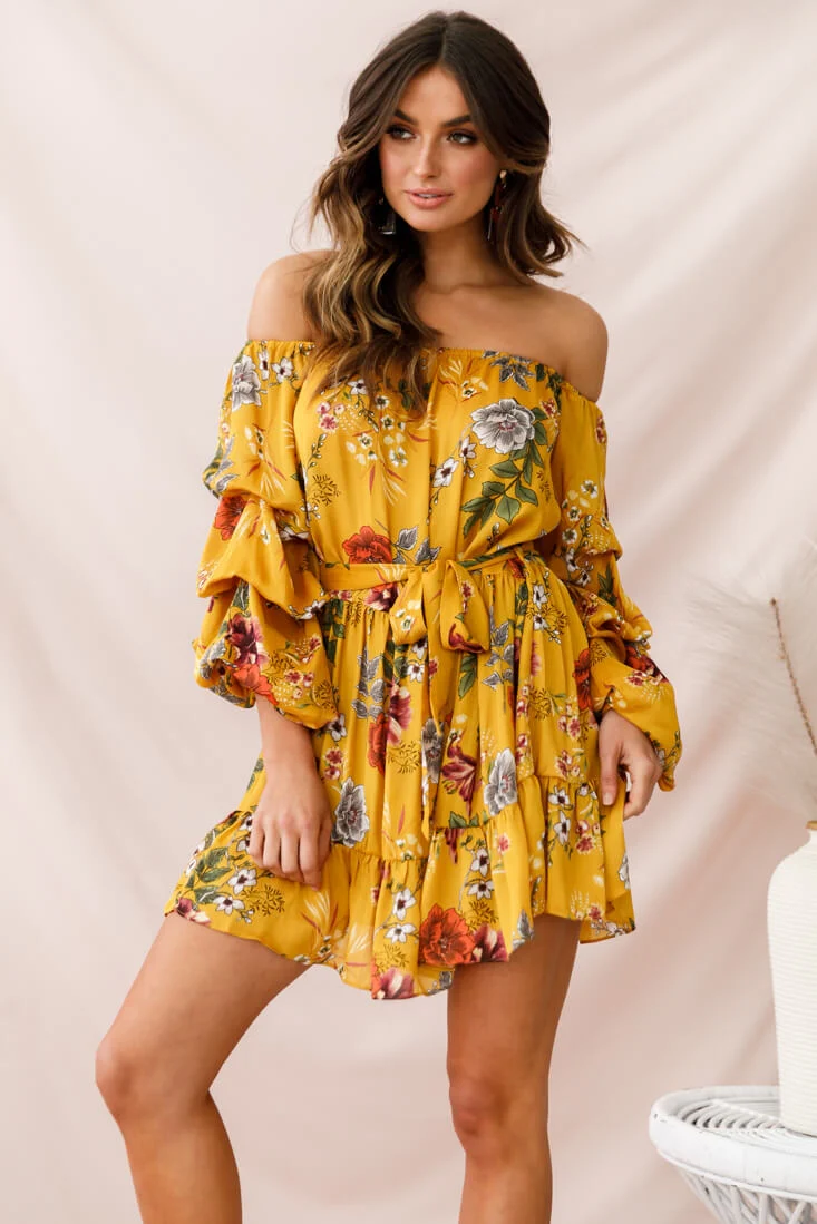 Frida Off-Shoulder Waist Tie Dress Yellow - Seraphlike