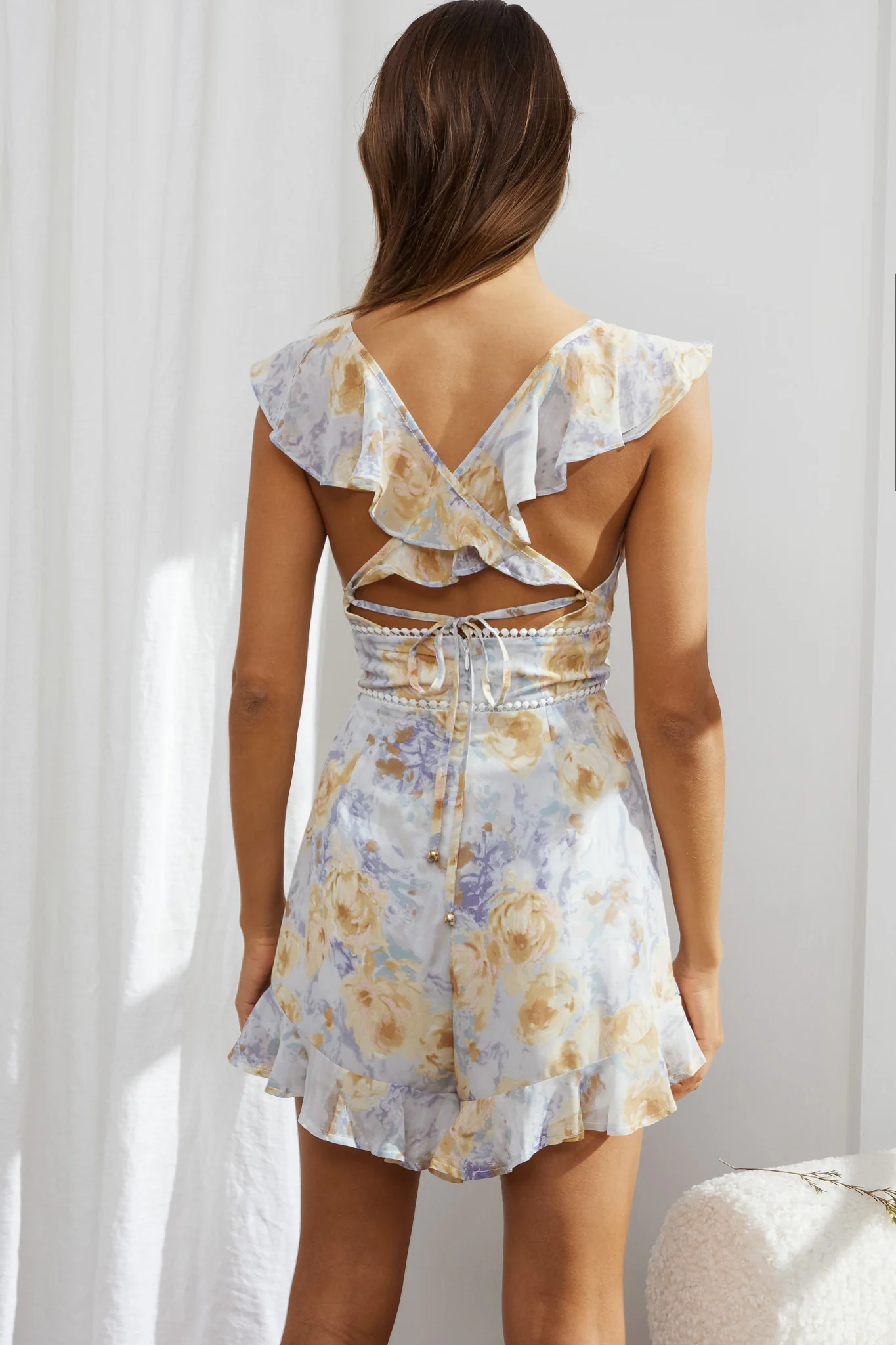 Catch Feelings Ruffle Strap Romper Floral Ink - Seraphlike