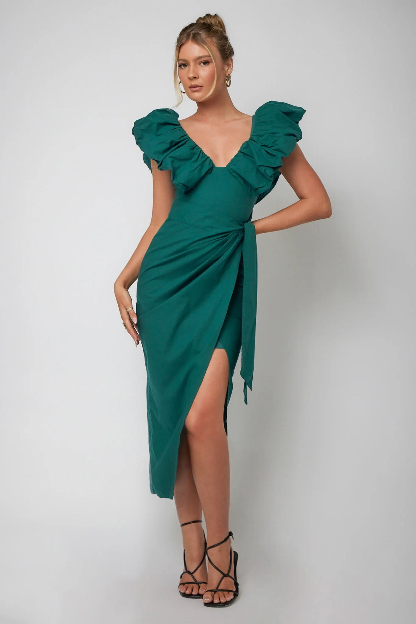 Kahlo Ruffle Neckline Wrap Midi Dress Green - Seraphlike