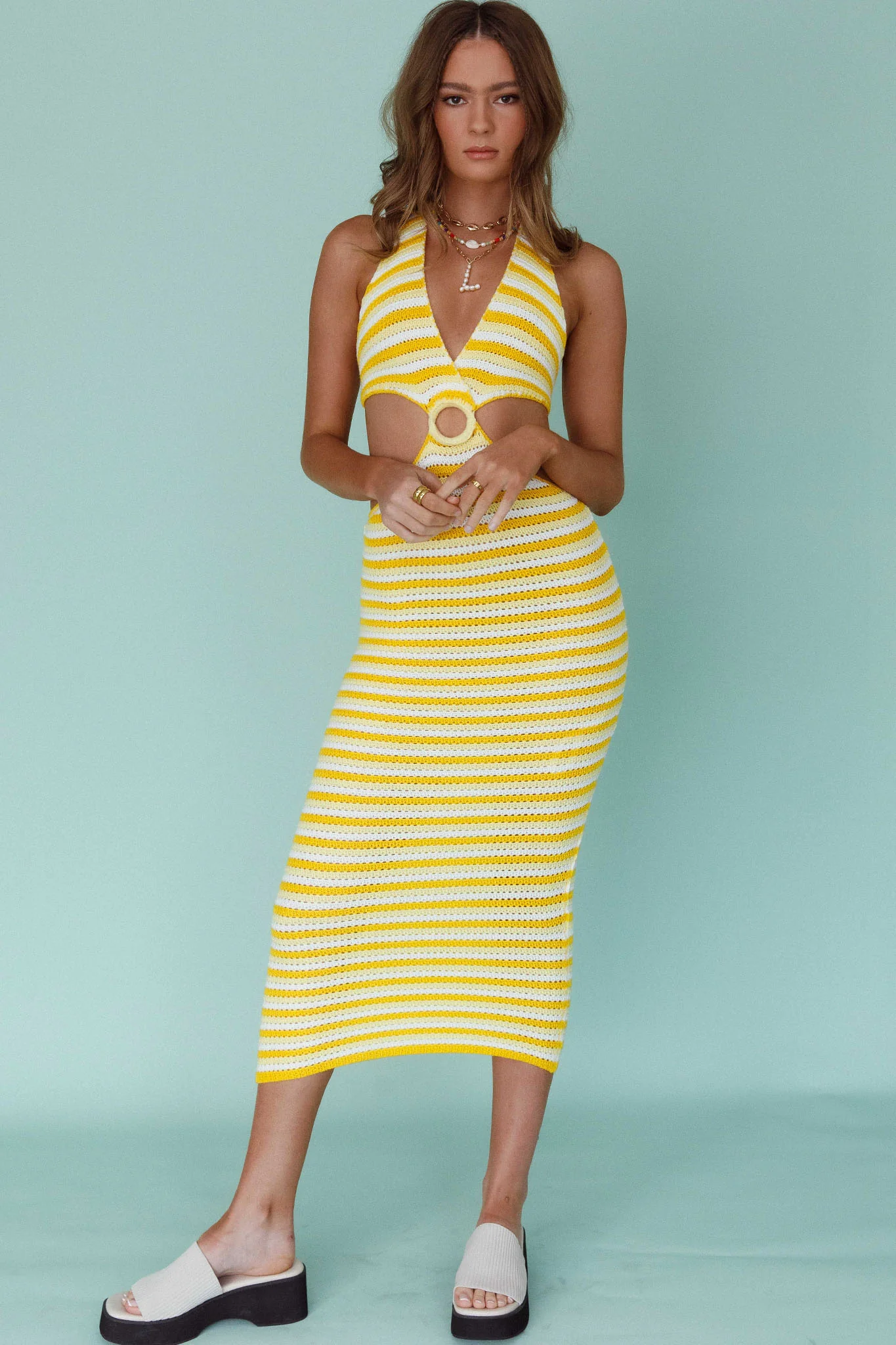 Makaria Cut-Out Crochet Midi Dress Lemon - Seraphlike