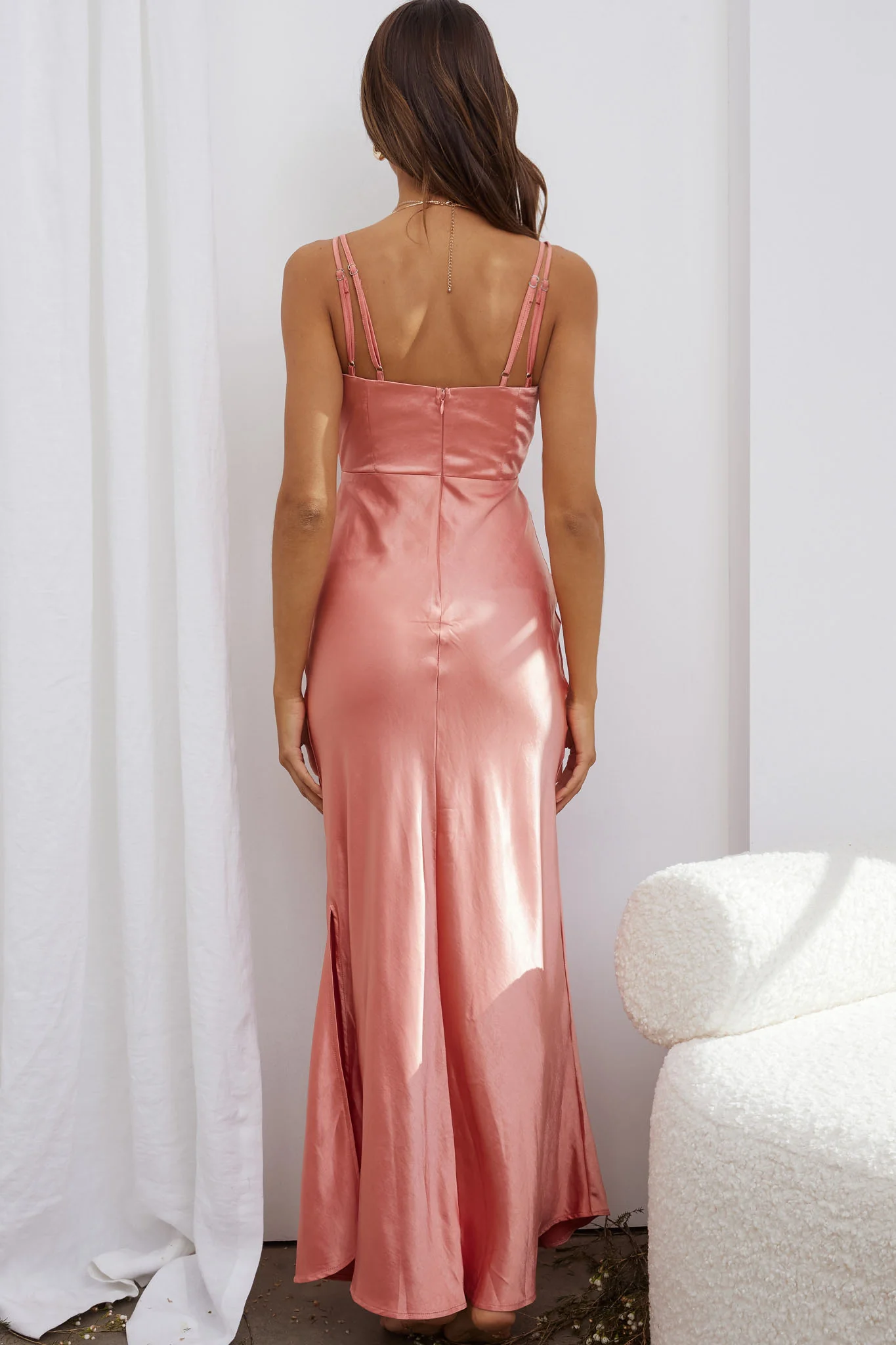 Torah Cut-Out Bodice Front Split Maxi Dress Peach - Seraphlike
