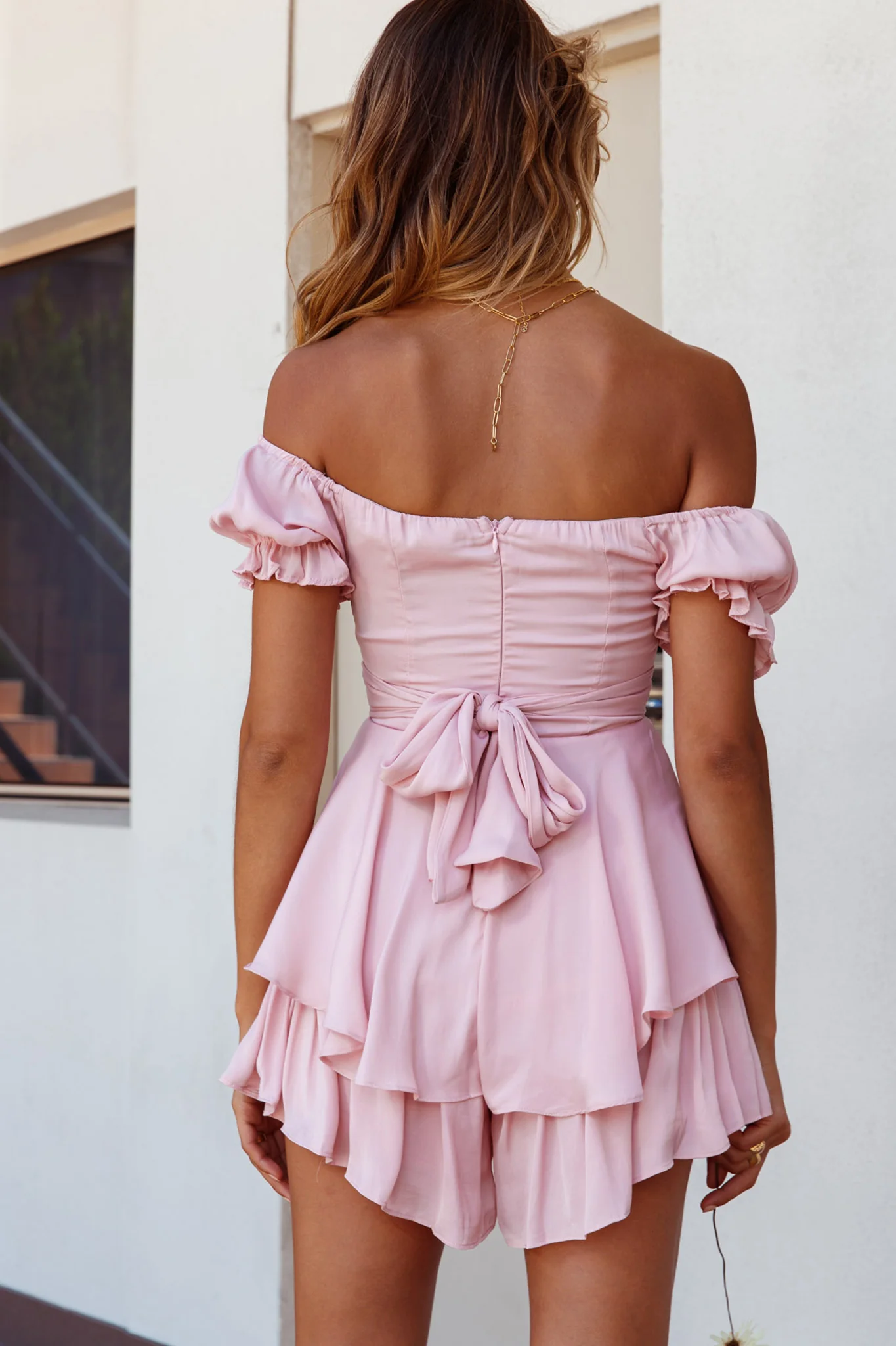 Linka Off-Shoulder Tie Back Romper Blush - Seraphlike