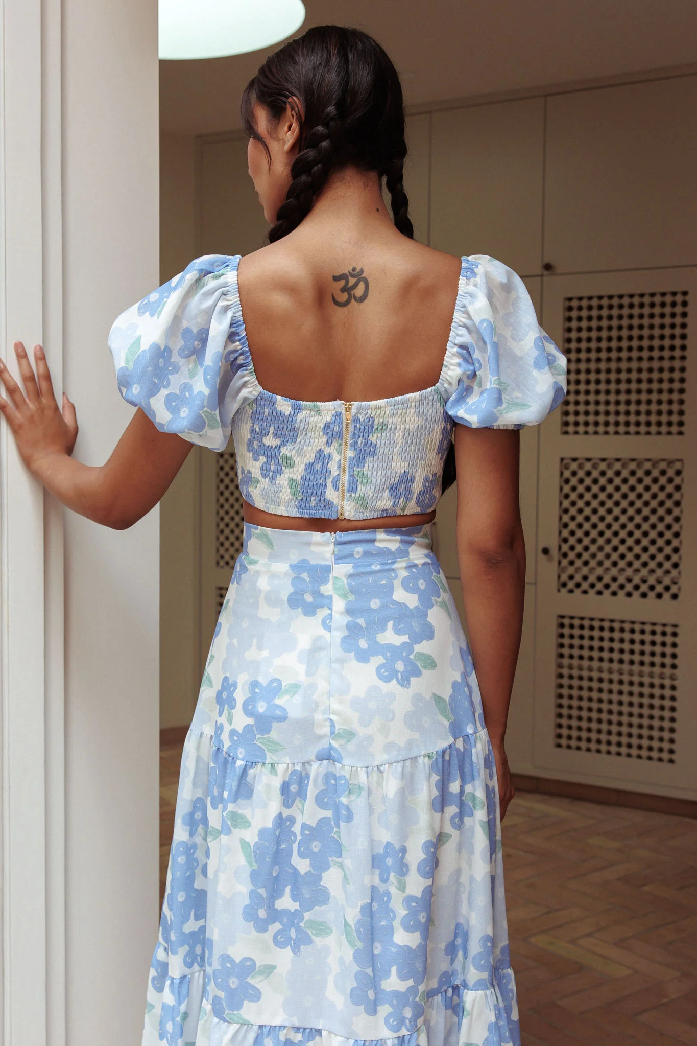 The Moment Puff Sleeve Crop Top Floral Blue - Seraphlike