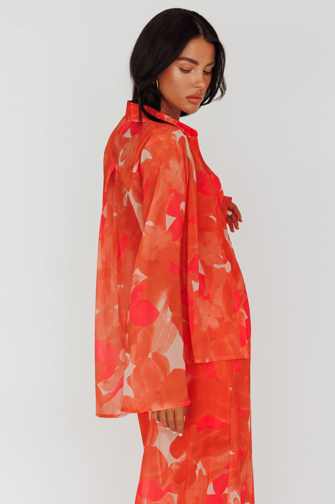 Stasi Flared Cuff Long Sleeve Shirt Floral Orange - Seraphlike