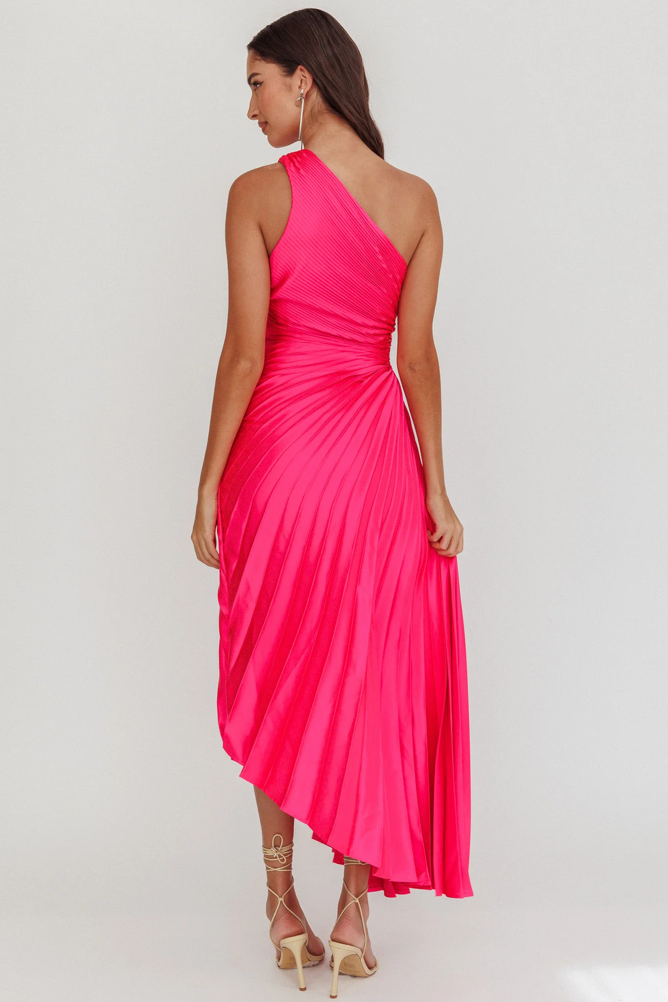 Brooklynn One-Shoulder Accordion Pleat Satin Midi Dress Fuchsia - Seraphlike