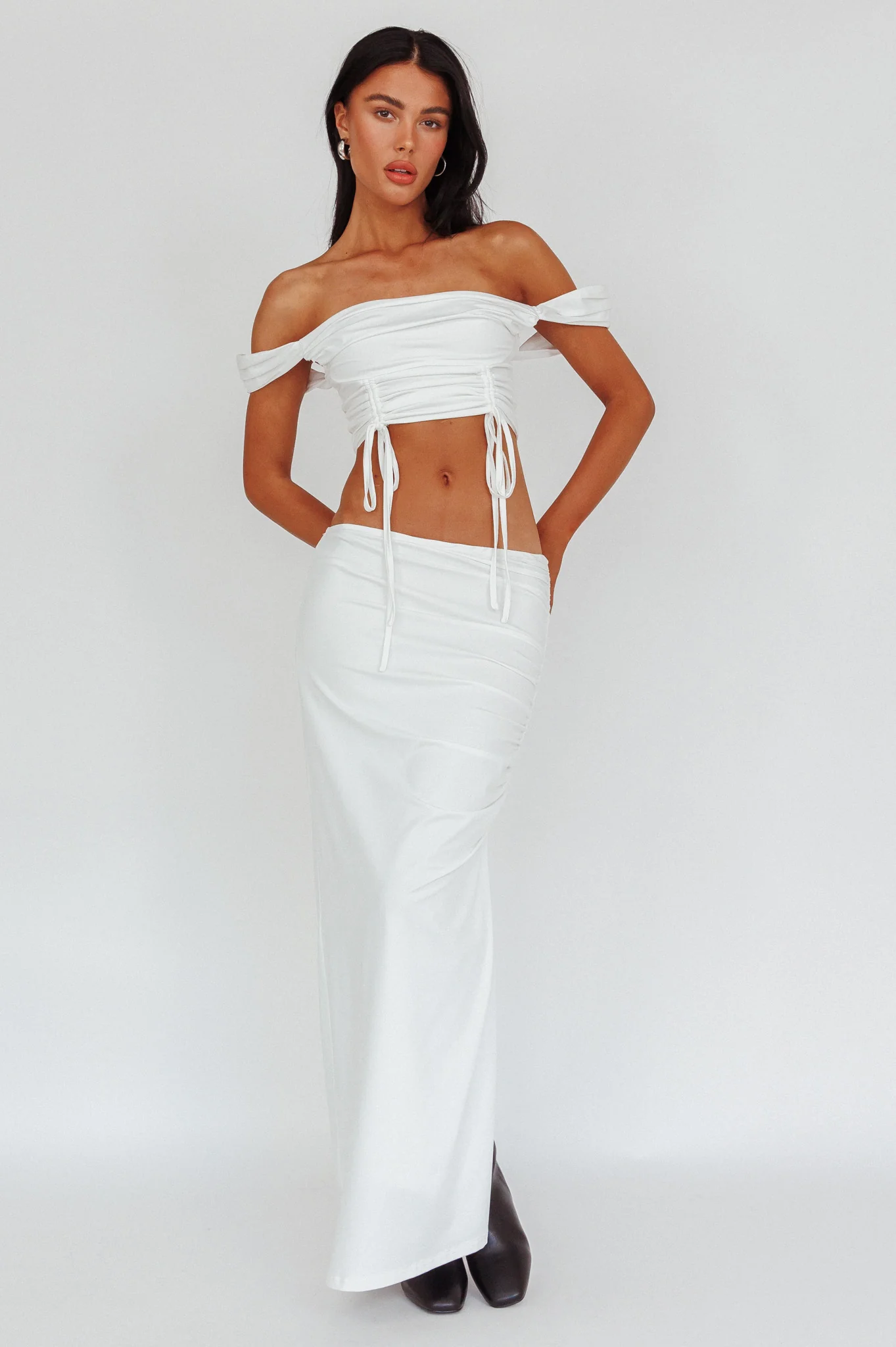 Headliner Ruched Side Maxi Skirt White - Seraphlike
