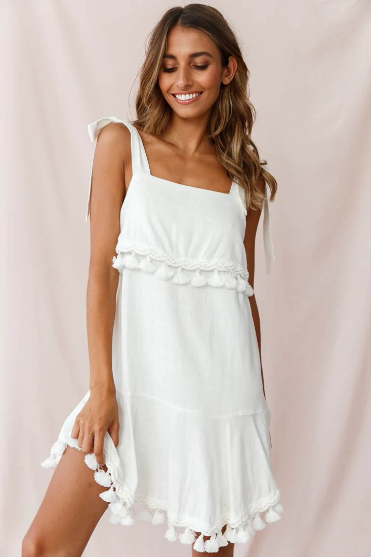 Sirocco Tassel Trim Tied Shoulder Dress White - Seraphlike