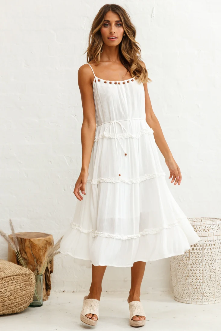 Daybreak Frill Trim Wooden Bead Midi Dress White - Seraphlike