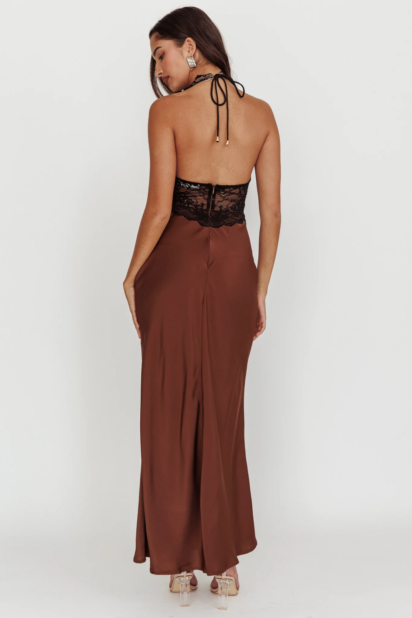 Rarity Satin Lace Halterneck Maxi Dress Coffee - Seraphlike