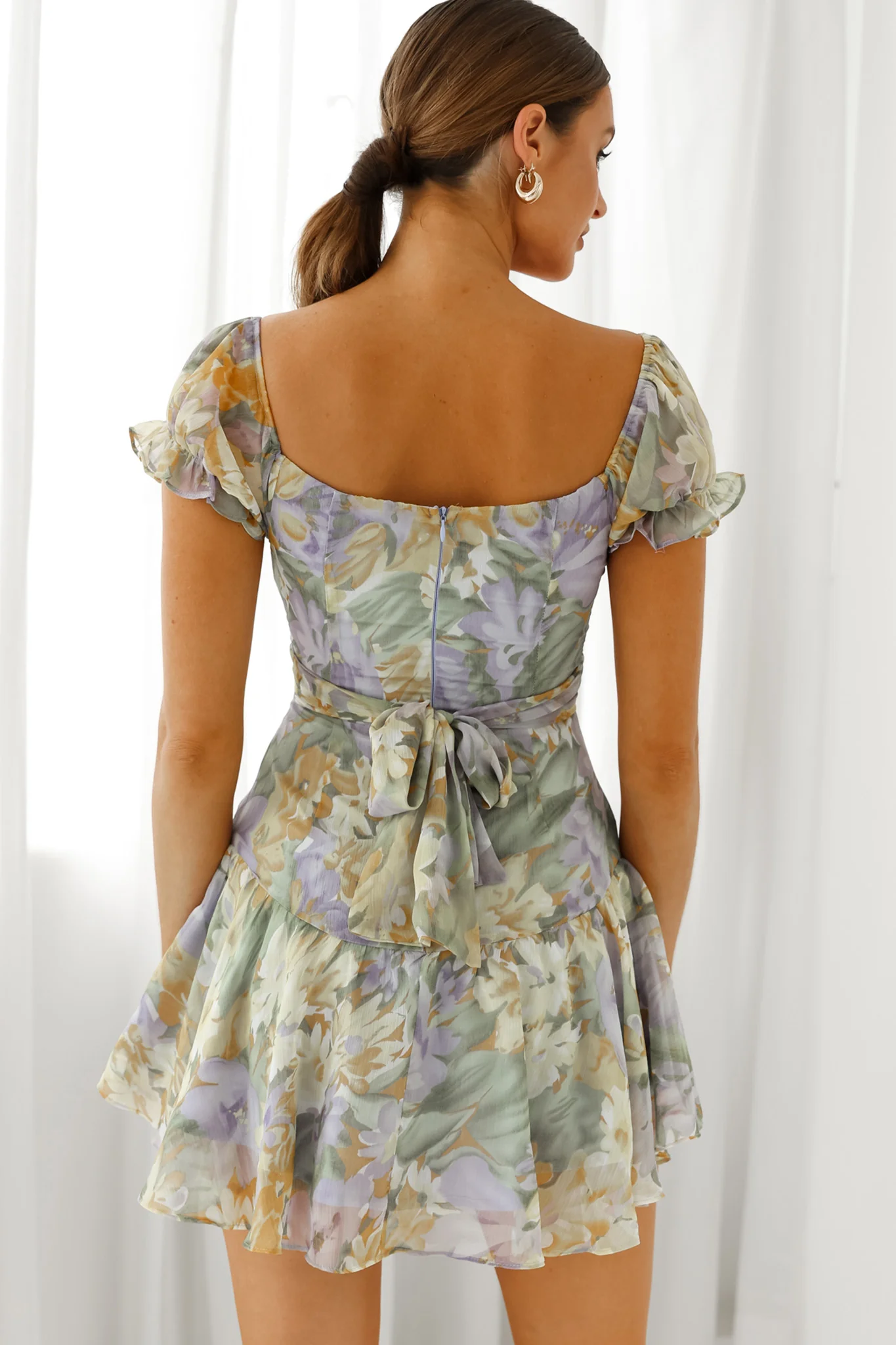 Linka Off-Shoulder Tie Back Fluted Hem Dress Floral Print Yellow - Seraphlike