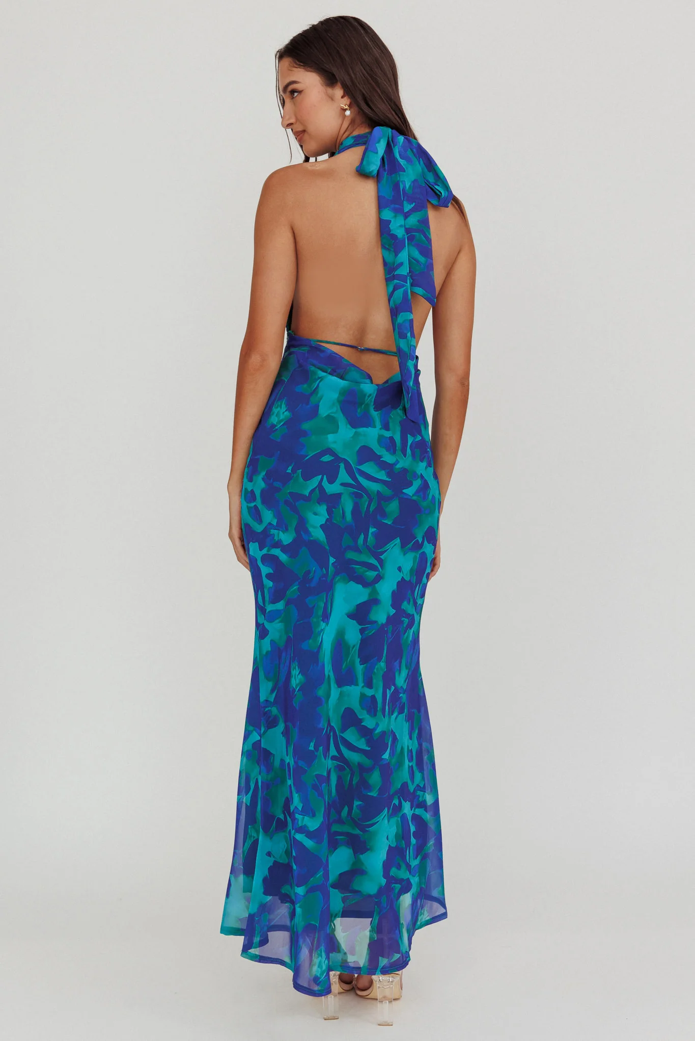 Italia Azure Halterneck Maxi Dress Abstract Blue - Seraphlike