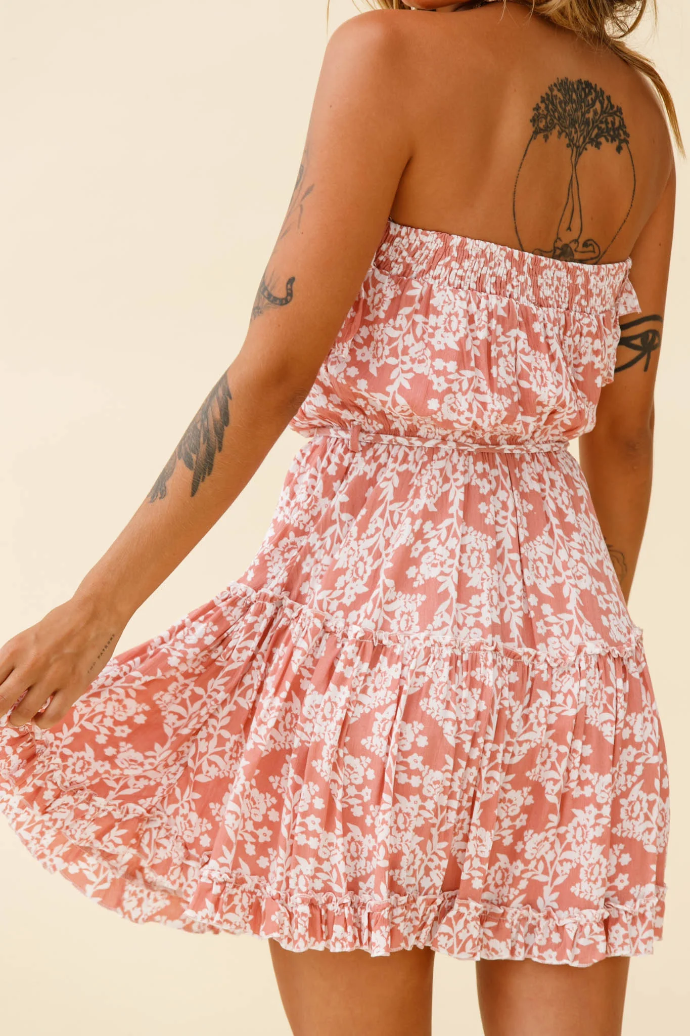 Raquel Strapless Layered Dress Floral Print Blush - Seraphlike