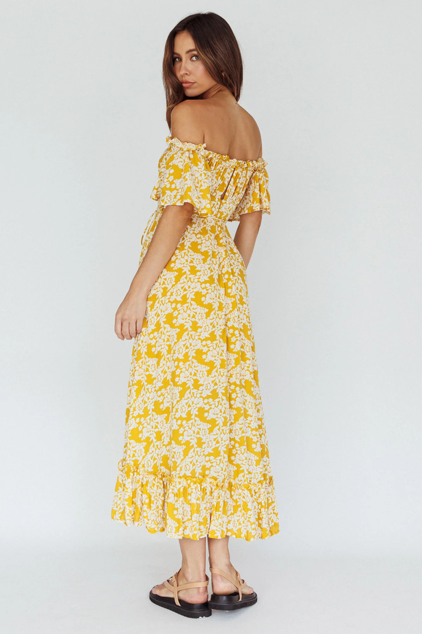 Voyager Off-Shoulder Bell Sleeve Midi Dress Floral Yellow - Seraphlike