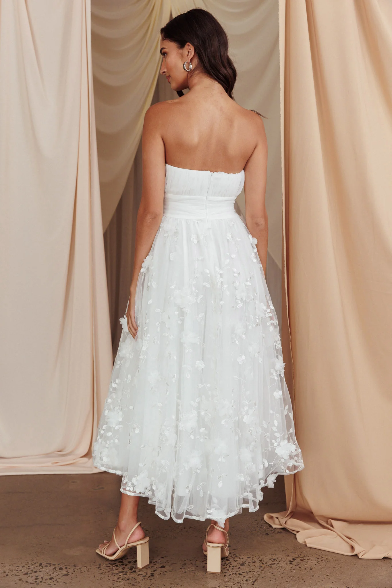 Fayette Strapless Mesh Midi Dress Embellished White - Seraphlike