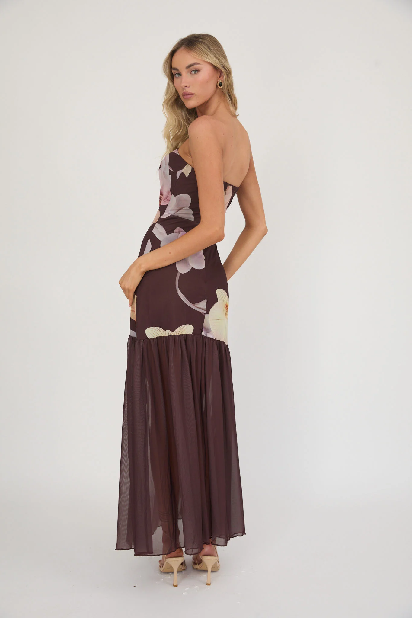 Wilma Sheer Hem Strapless Midi Dress Orchids Brown - Seraphlike