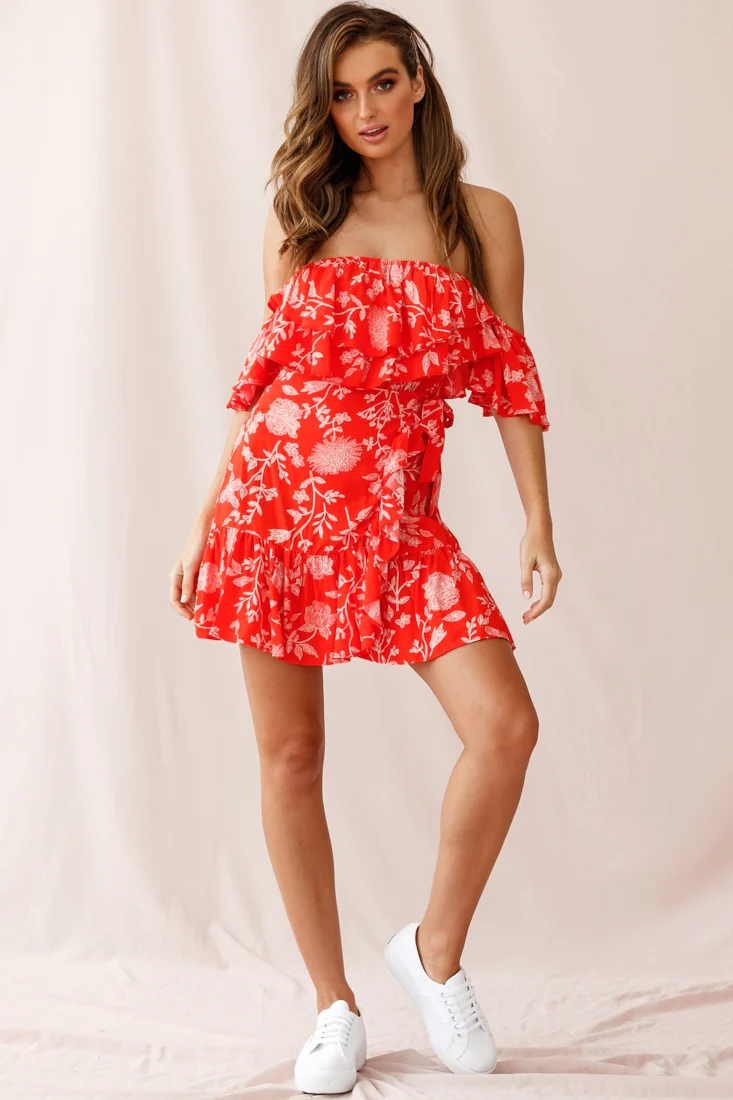 Audrina Off-Shoulder Wrap Dress Floral Print Red - Seraphlike