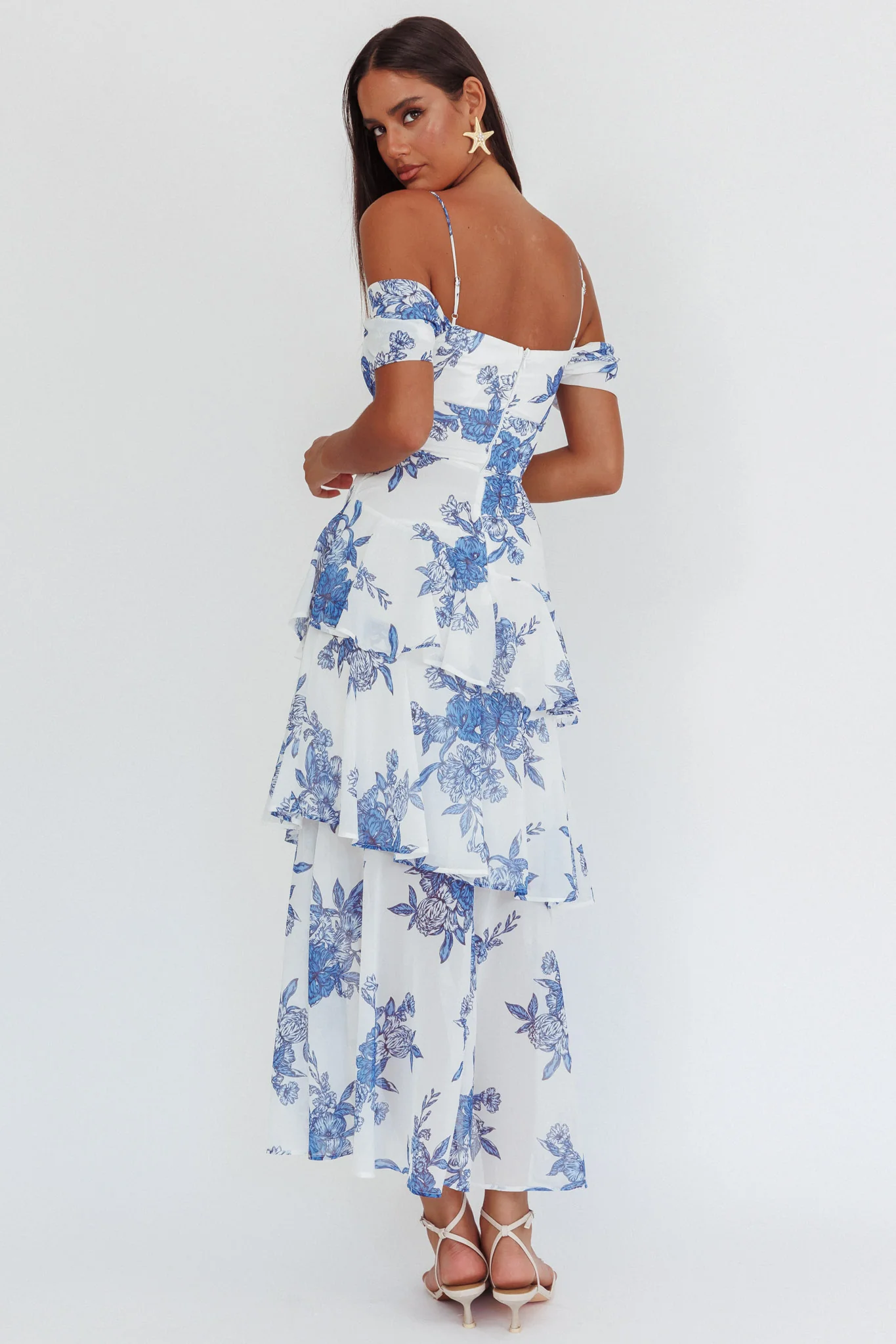 Veda Off-Shoulder Maxi Dress Floral Blue - Seraphlike
