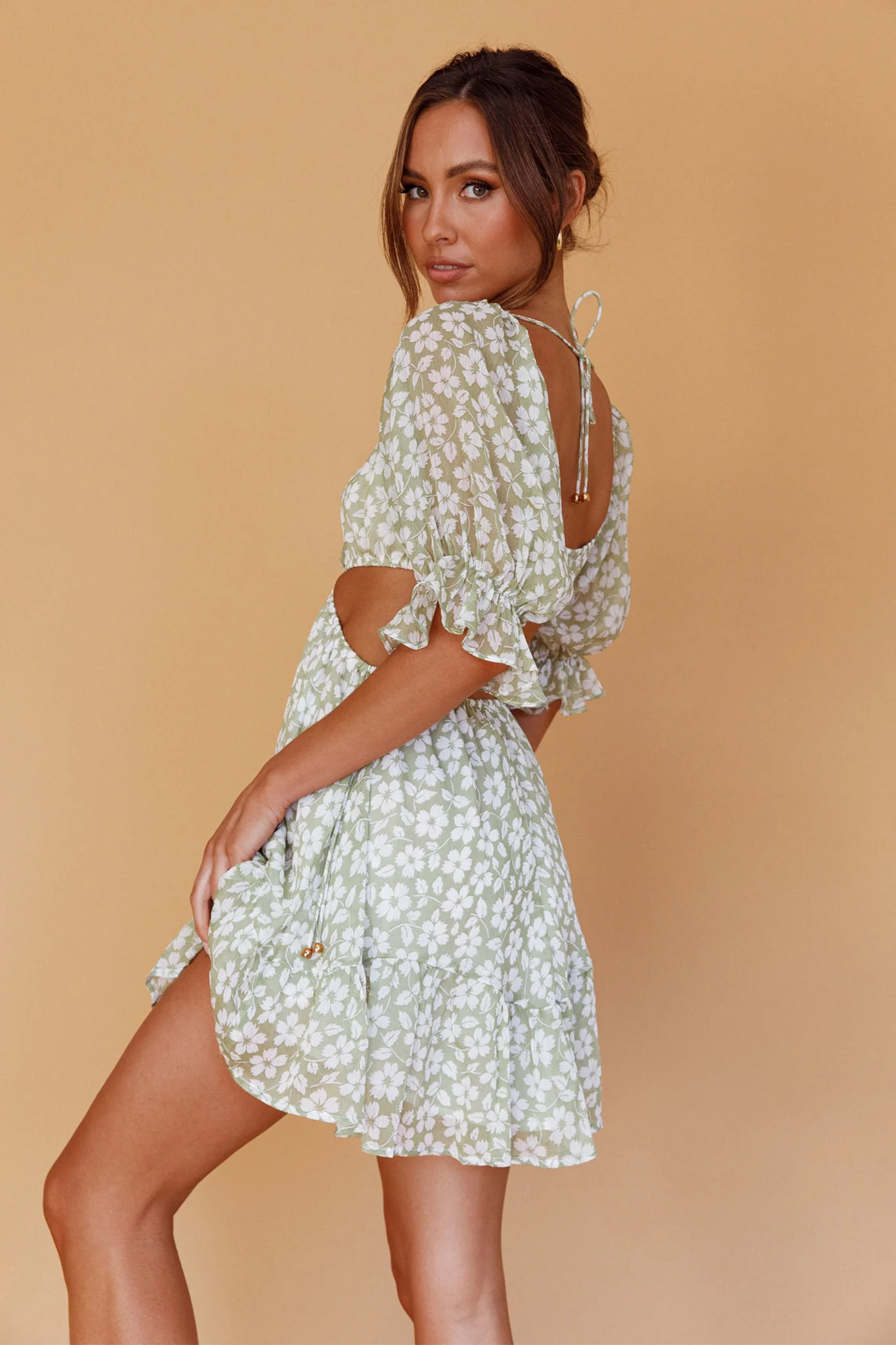 Fancy Free Puff Sleeve Cut-Out Dress Floral Green - Seraphlike