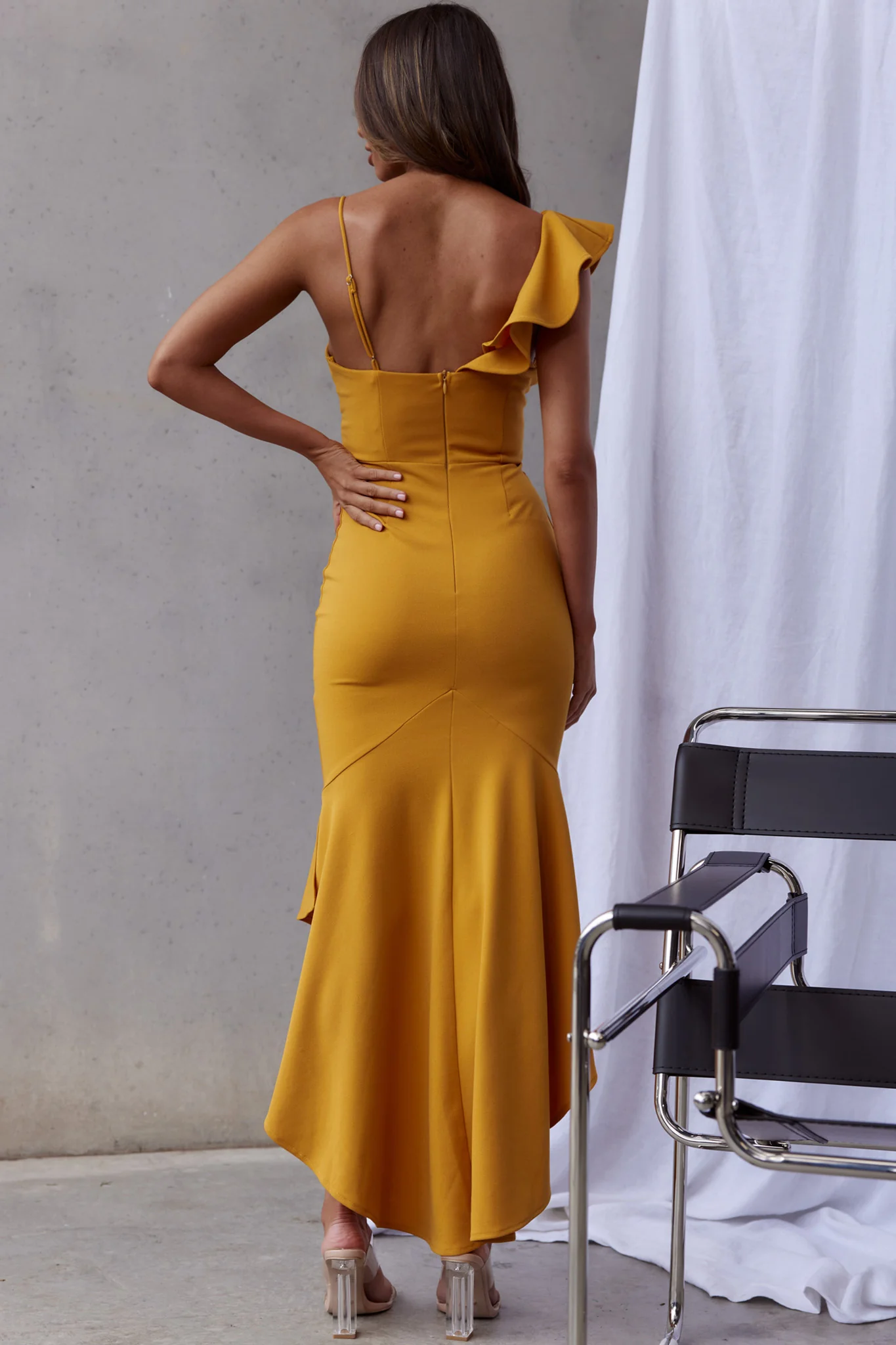 Pearl Ruffle Strap Twist Bust Dress Mustard - Seraphlike