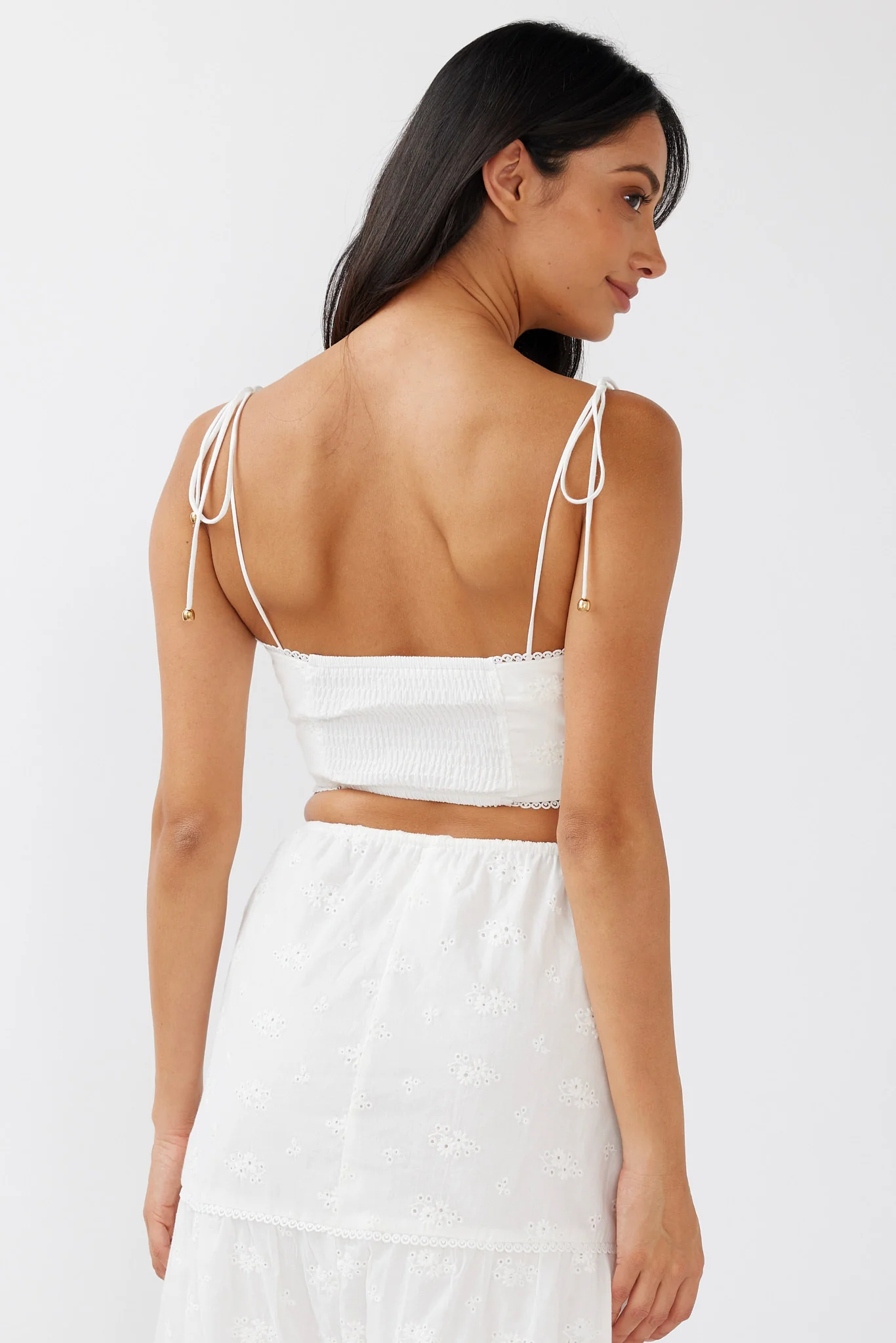 Gracelyn Tied Shoulder Embroidery Crop Top White - Seraphlike